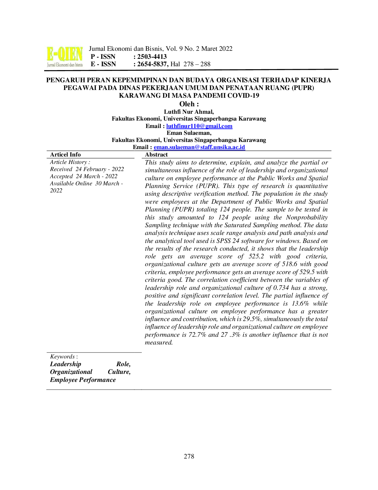 JURIS Pengaruh Peran Kepemimpinan Dan Budaya Organisasi Terhadap Kinerja Pegawai Pada Dinas Pekerjaan Umum Dan Penataan Ruang PUPR Karawang Di Masa Pandemi Covid 19