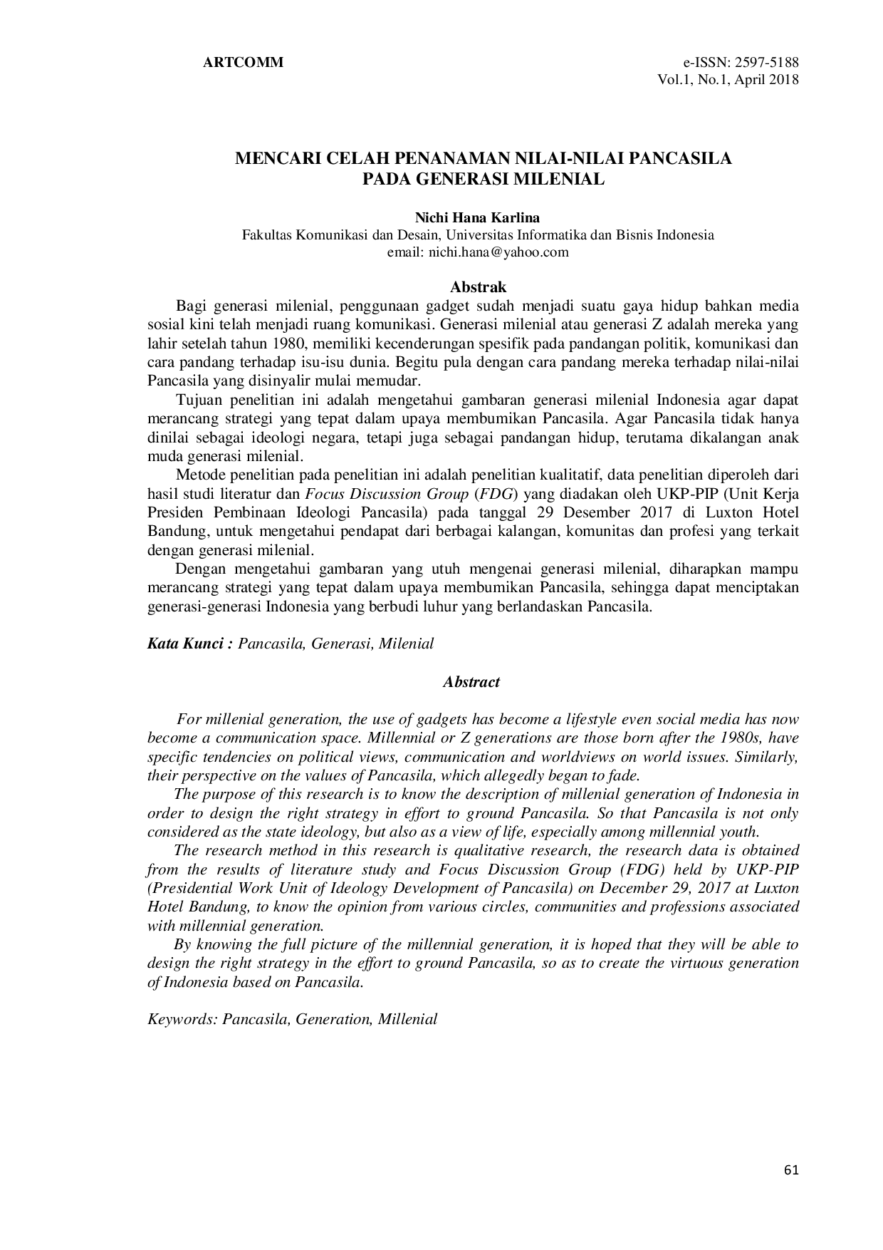 JURIS Mencari Celah Penanaman Nilai Nilai Pancasila Pada Generasi Milenial