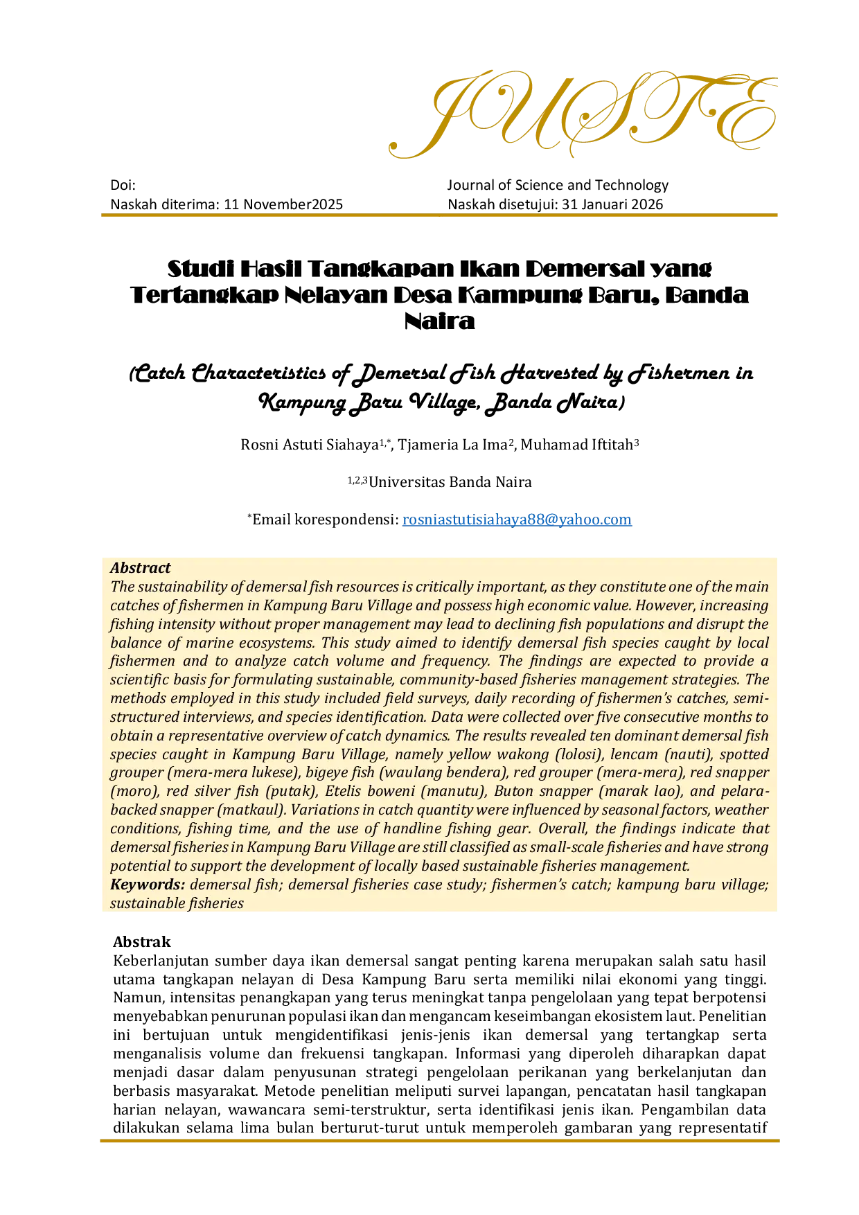 JURIS Studi Hasil Tangkapan Ikan Demersal yang Tertangkap Nelayan Desa Kampung Baru Banda Naira