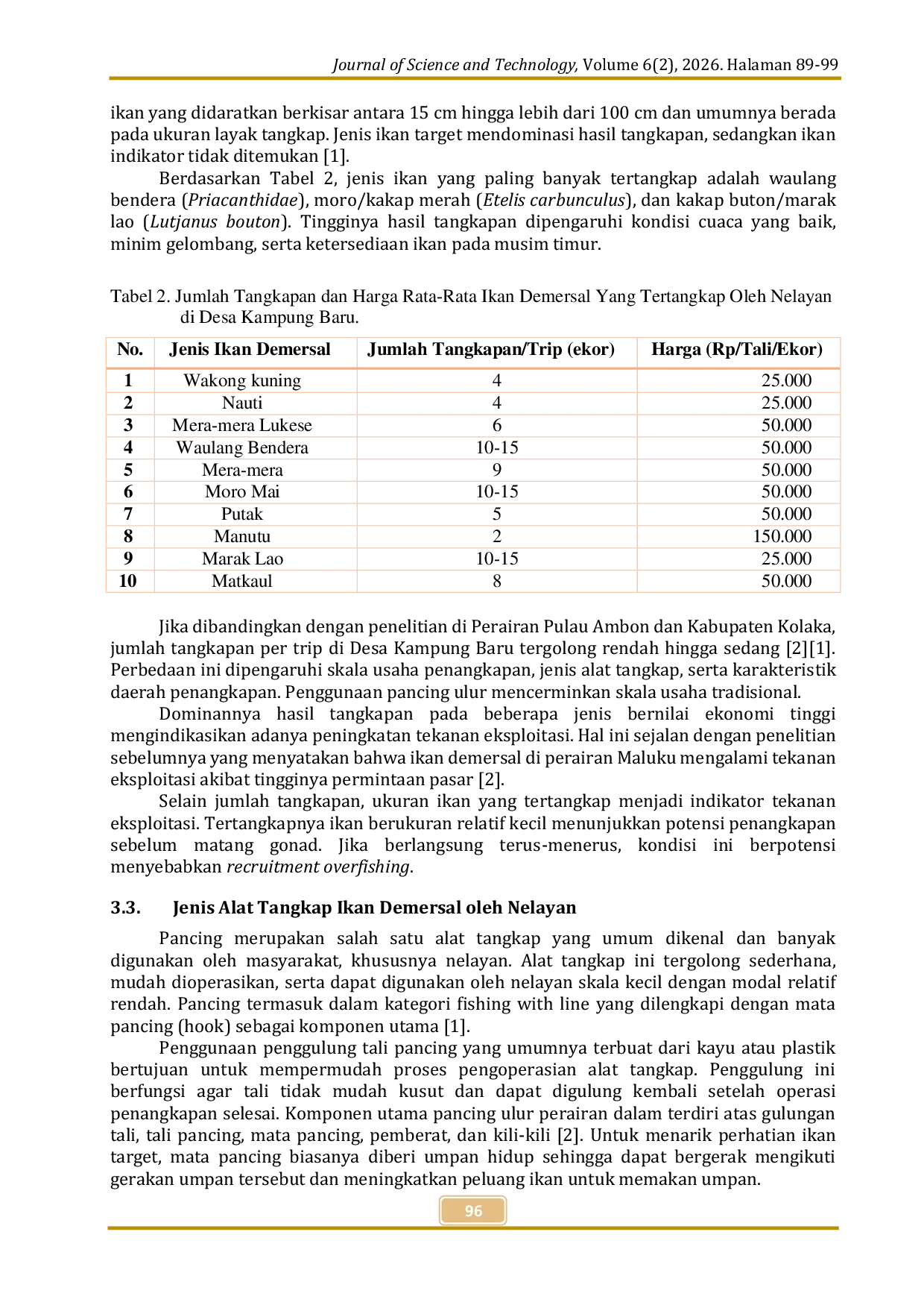 JURIS Studi Hasil Tangkapan Ikan Demersal yang Tertangkap Nelayan Desa Kampung Baru Banda Naira