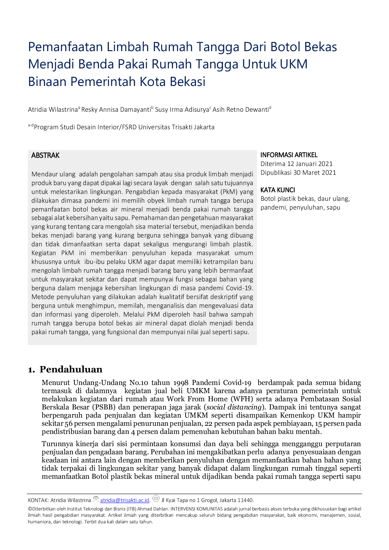 JURIS Pemanfaatan Limbah Rumah Tangga Dari Botol Bekas Menjadi Benda Pakai Rumah Tangga Untuk UKM Binaan Pemerintah Kota Bekasi