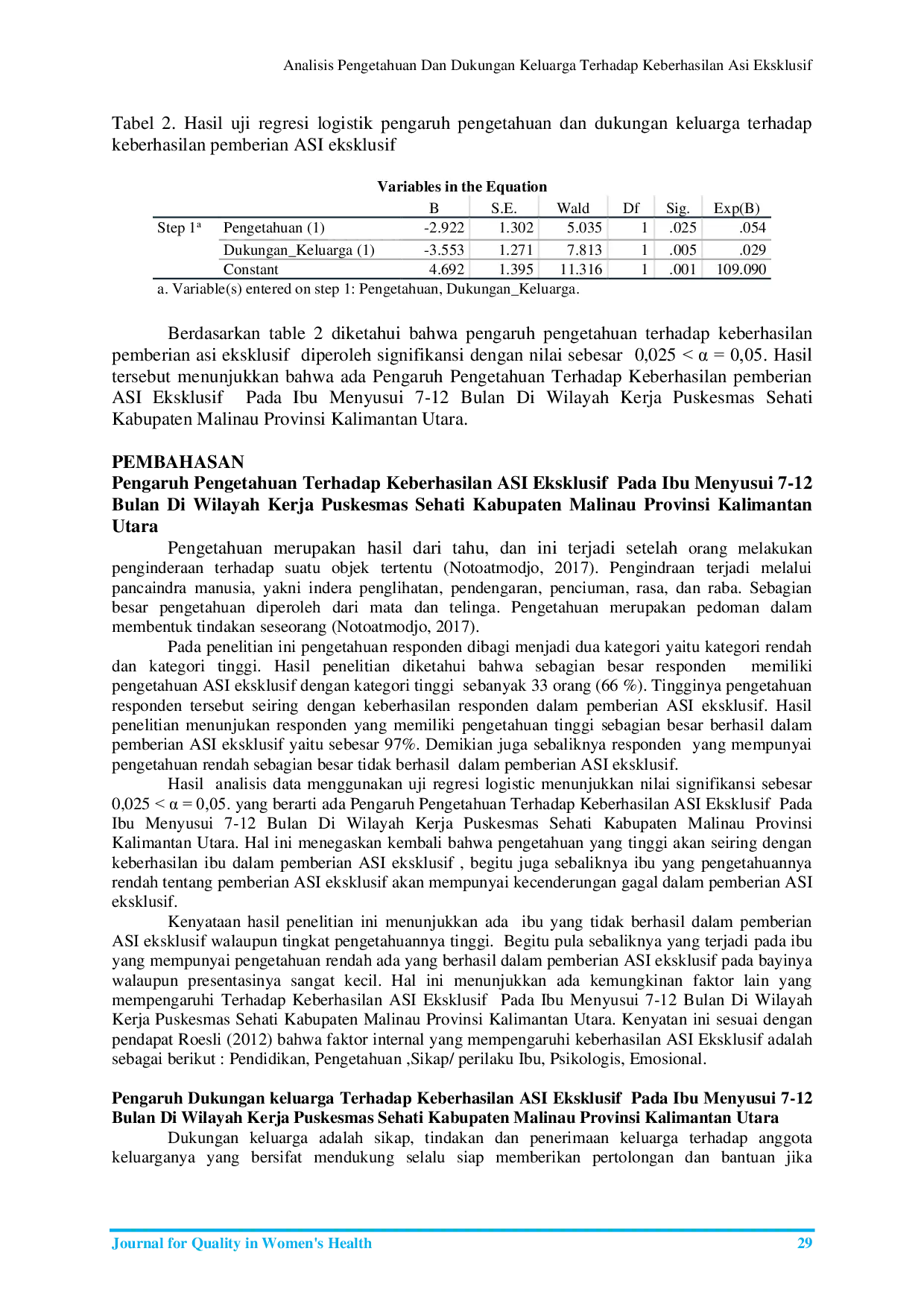 JURIS Analisis Pengetahuan dan dukungan Keluarga terhadap keberhasilan ASI Eksklusif pada Ibu Menyusui 7 12 Bulan di Wilayah Kerja Puskesmas Sehati Kabupaten Malinau Provinsi Kalimantan Utara