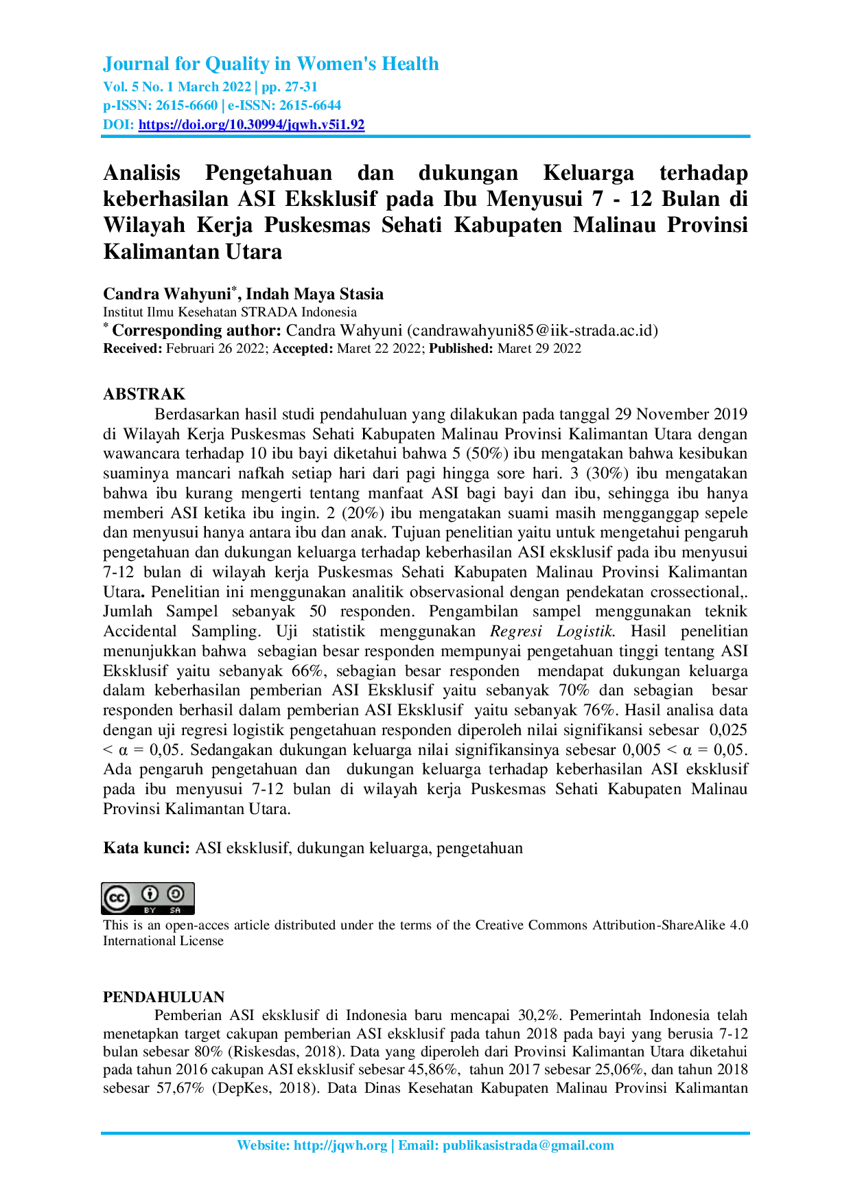 JURIS Analisis Pengetahuan dan dukungan Keluarga terhadap keberhasilan ASI Eksklusif pada Ibu Menyusui 7 12 Bulan di Wilayah Kerja Puskesmas Sehati Kabupaten Malinau Provinsi Kalimantan Utara
