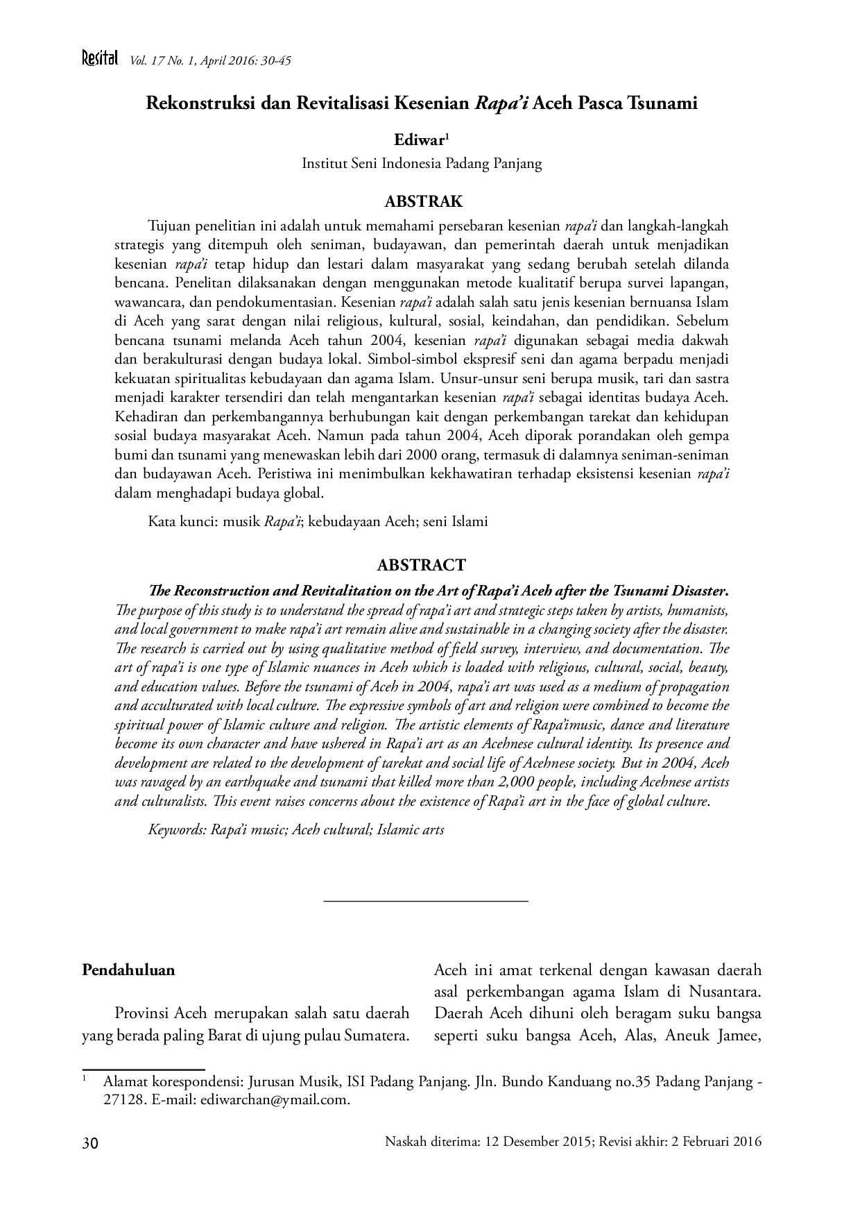 juris Rekonstruksi dan Revitalisasi Kesenian Rapa i Aceh Pasca Tsunami