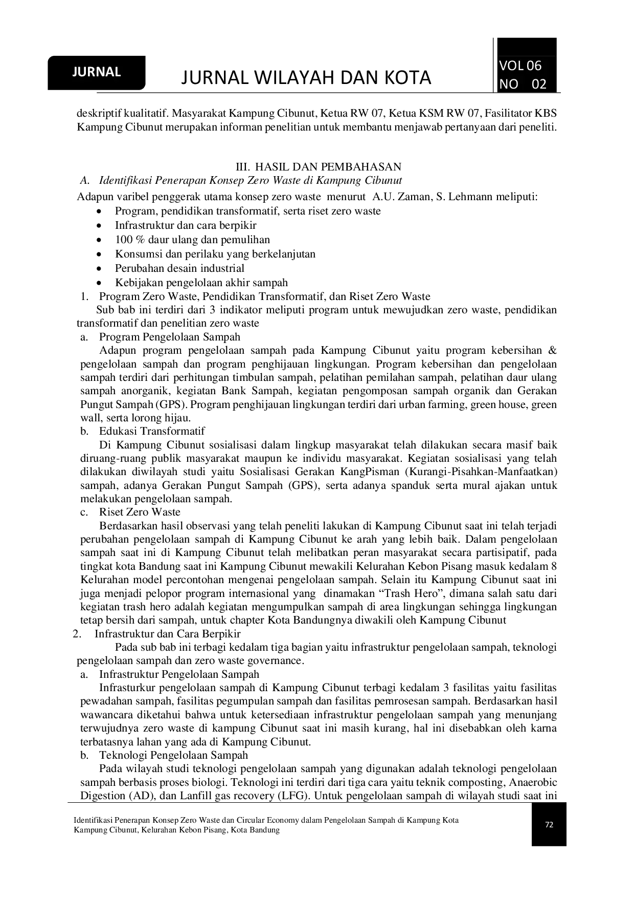 JURIS Identifikasi Penerapan Konsep Zero Waste dan Circular Economy dalam Pengelolaan Sampah di Kampung Kota Kampung Cibunut Kelurahan Kebon Pisang Kota Bandung