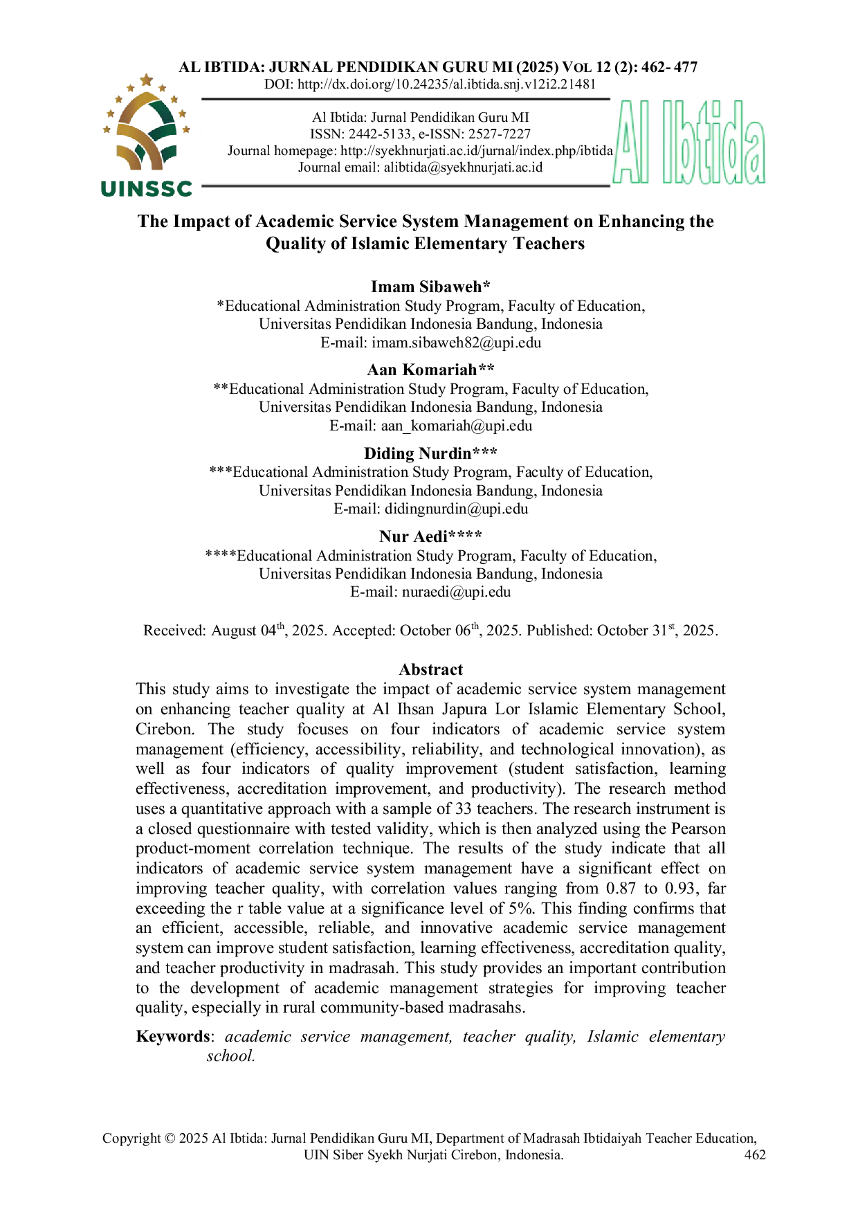 JURIS The Impact of Academic Service System Management on Enhancing the Quality of Islamic Elementary Teachers