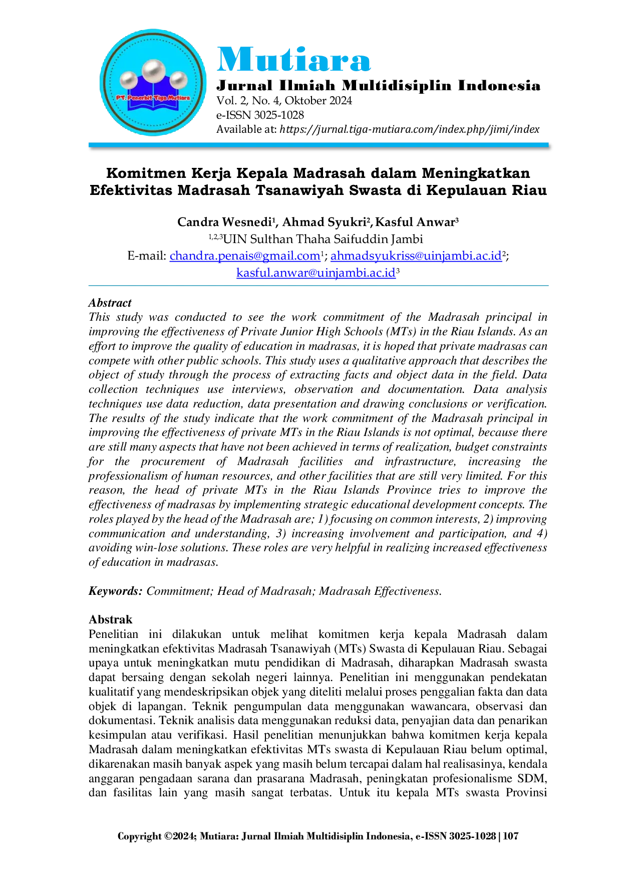 JURIS Komitmen Kerja Kepala Madrasah dalam Meningkatkan Efektivitas Madrasah Tsanawiyah Swasta di Kepulauan Riau