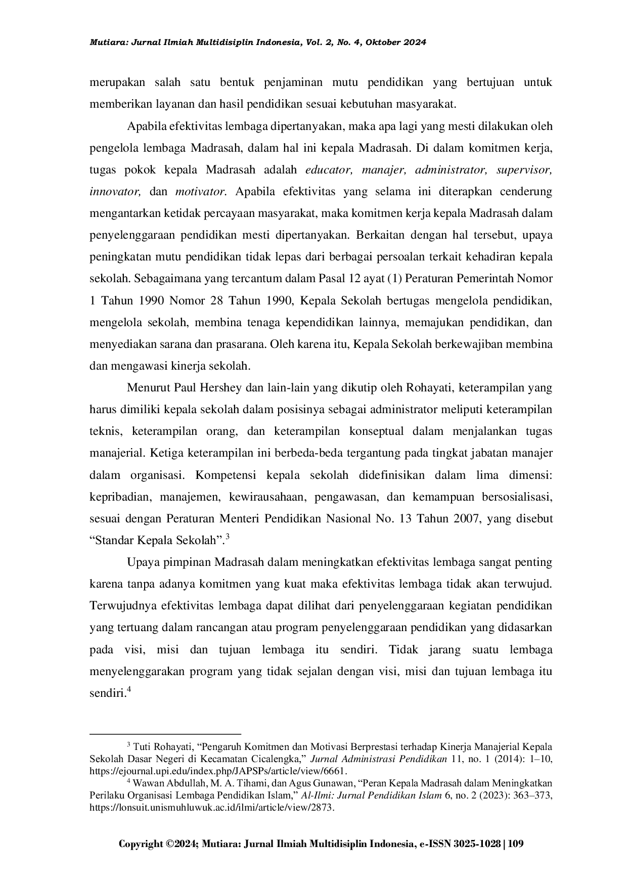 JURIS Komitmen Kerja Kepala Madrasah dalam Meningkatkan Efektivitas Madrasah Tsanawiyah Swasta di Kepulauan Riau