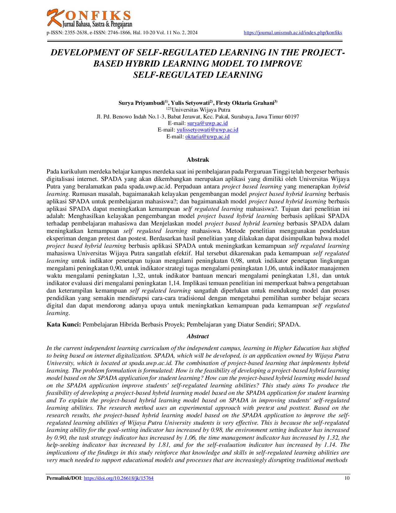 JURIS Development Of Self Regulated Learning In The Project Based Hybrid Learning Model To Improve Self Regulated Learning