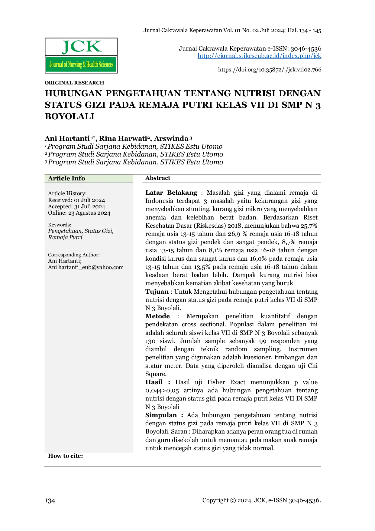 JURIS Hubungan Pengetahuan Tentang Nutrisi Dengan Status Gizi Pada Remaja Putri Kelas VII Di SMP N 3 Boyolali