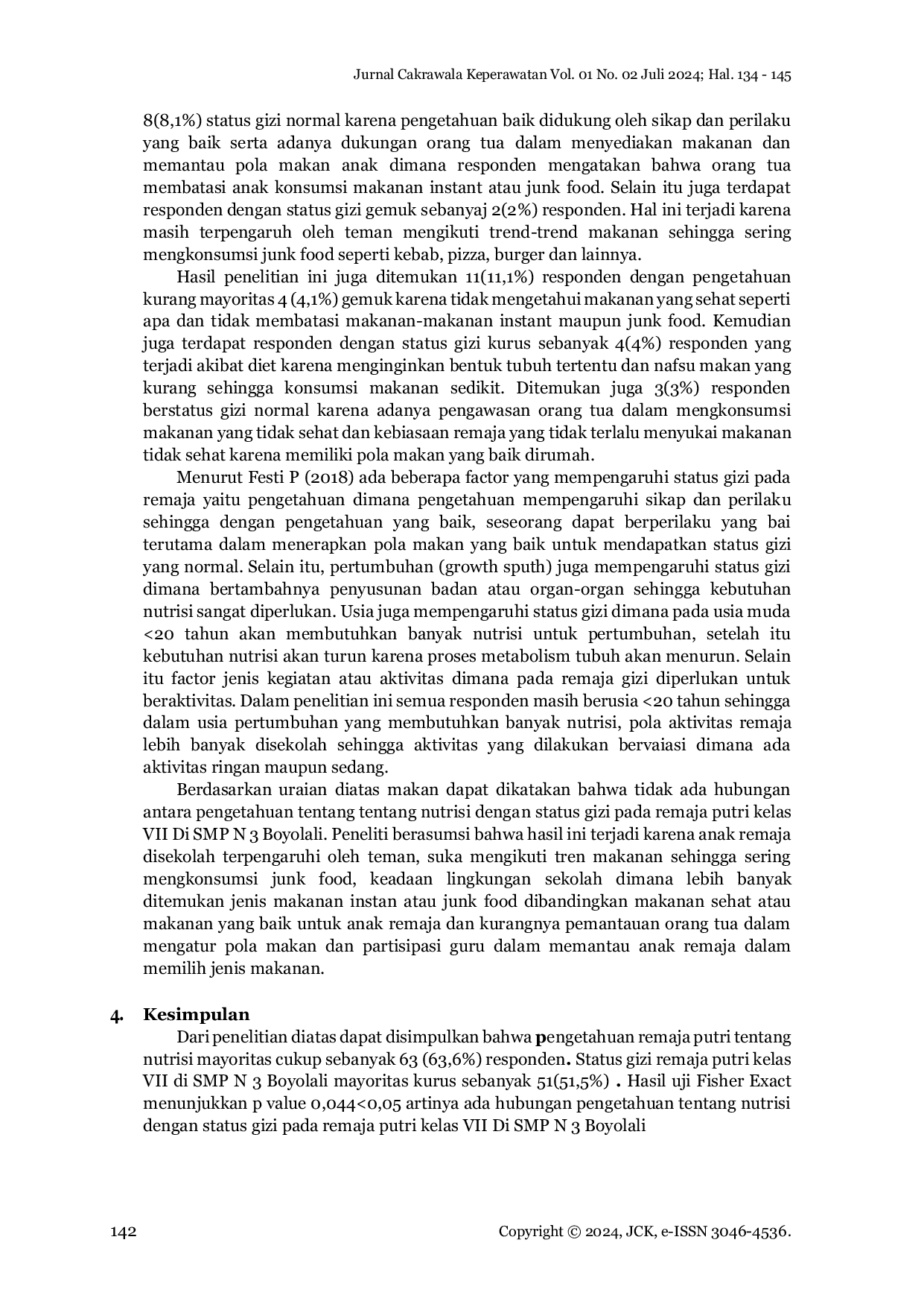 JURIS Hubungan Pengetahuan Tentang Nutrisi Dengan Status Gizi Pada Remaja Putri Kelas VII Di SMP N 3 Boyolali