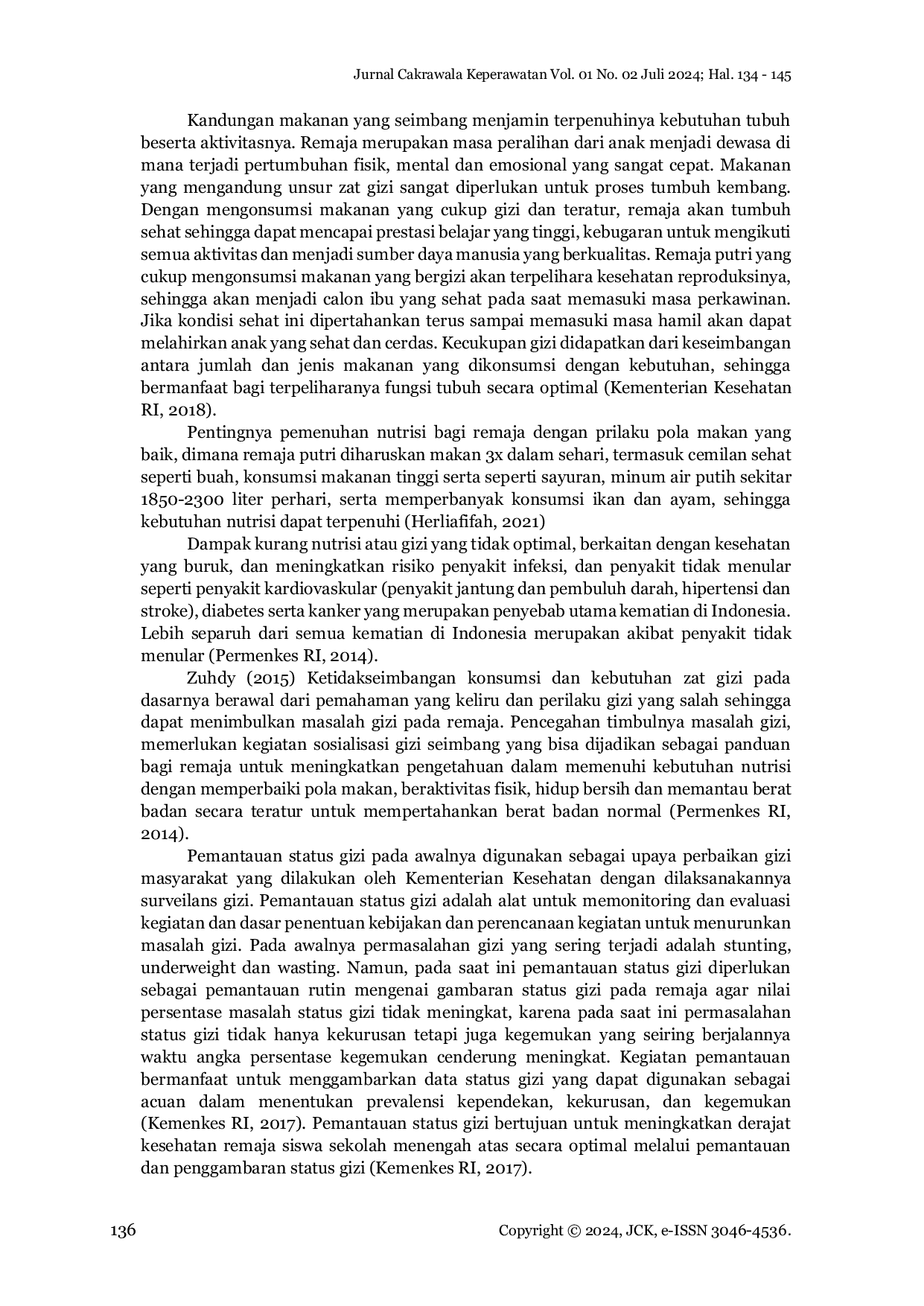 JURIS Hubungan Pengetahuan Tentang Nutrisi Dengan Status Gizi Pada Remaja Putri Kelas VII Di SMP N 3 Boyolali