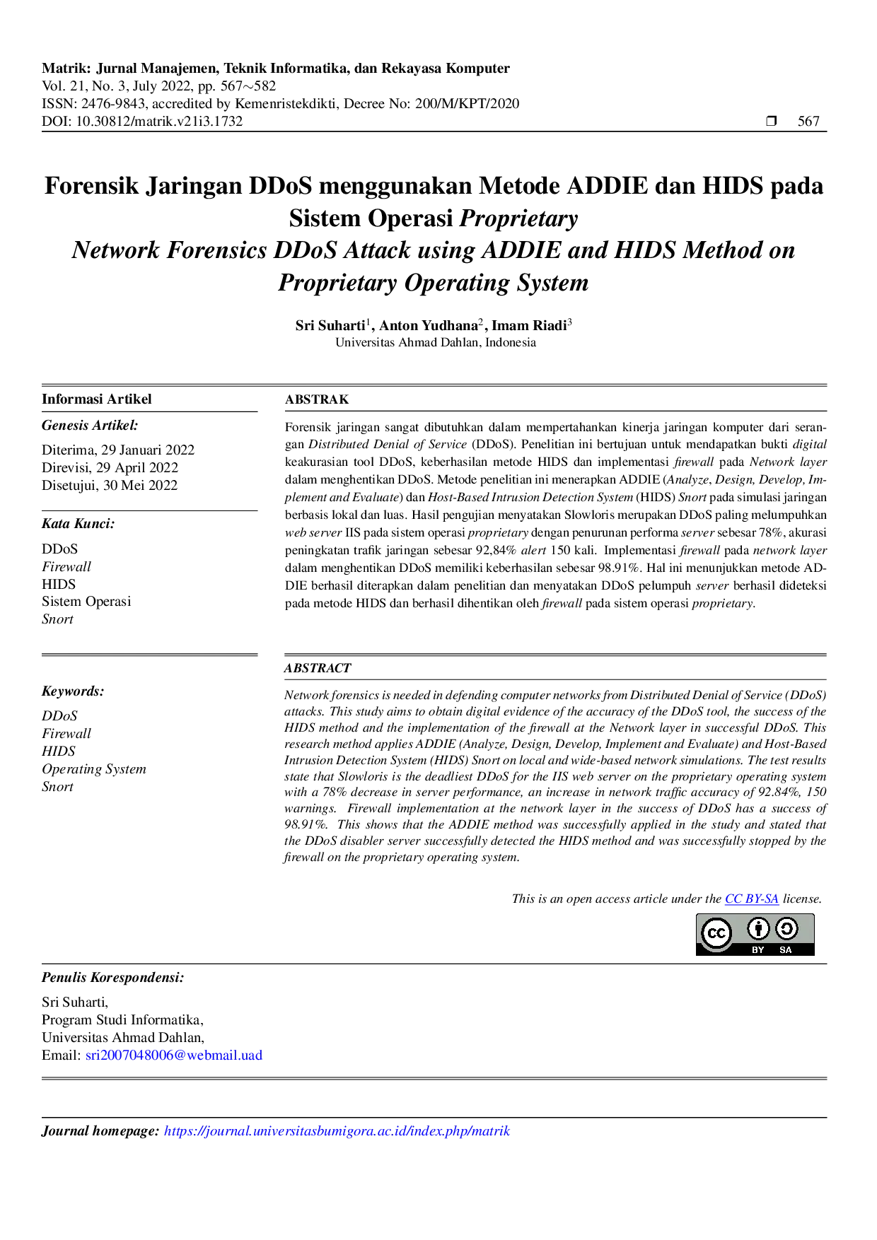 JURIS Forensik Jaringan DDoS menggunakan Metode ADDIE dan HIDS pada Sistem Operasi Proprietary