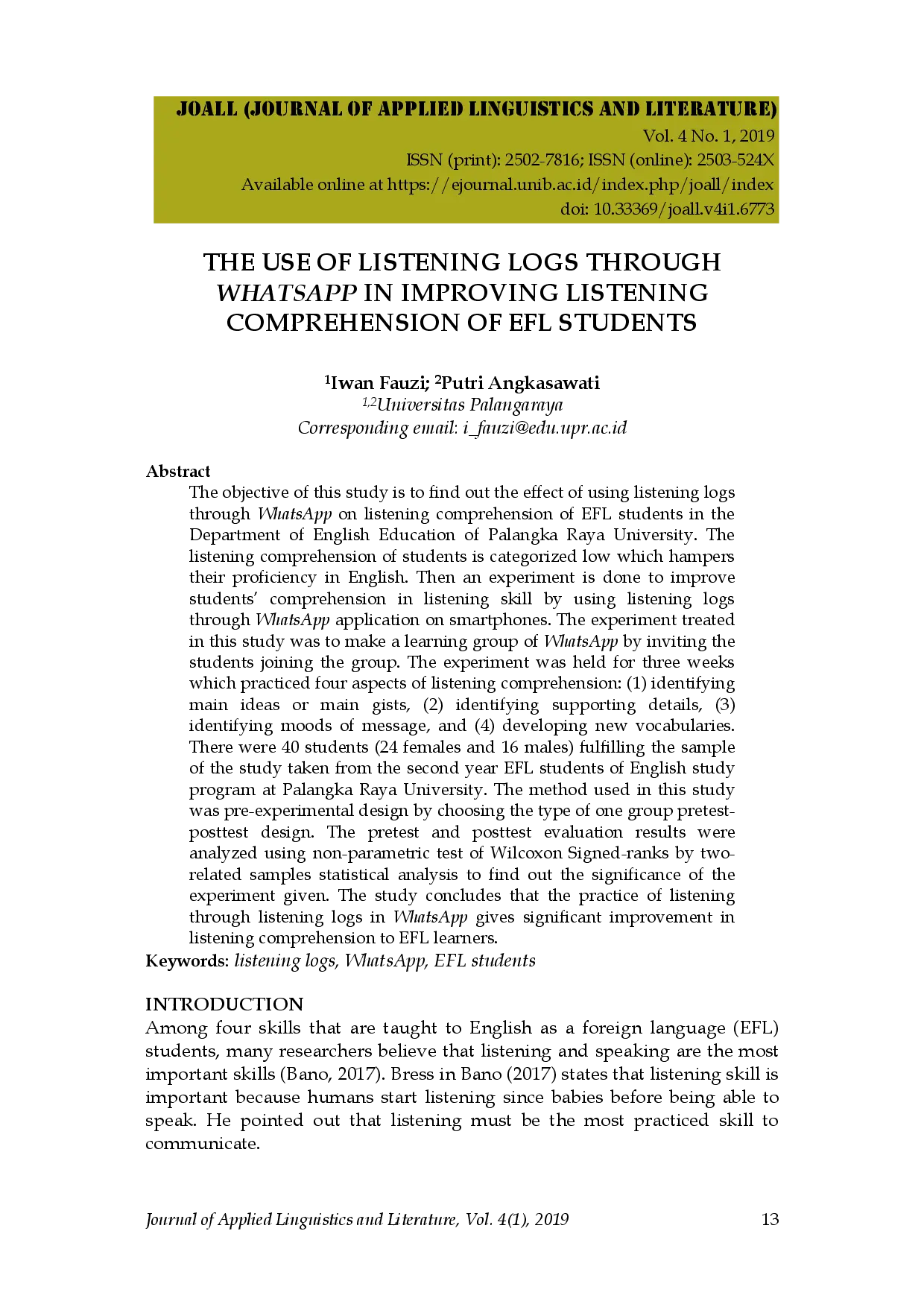 juris The Use of Listening Logs Through Whatsapp in Improving Listening Comprehension of Efl Students