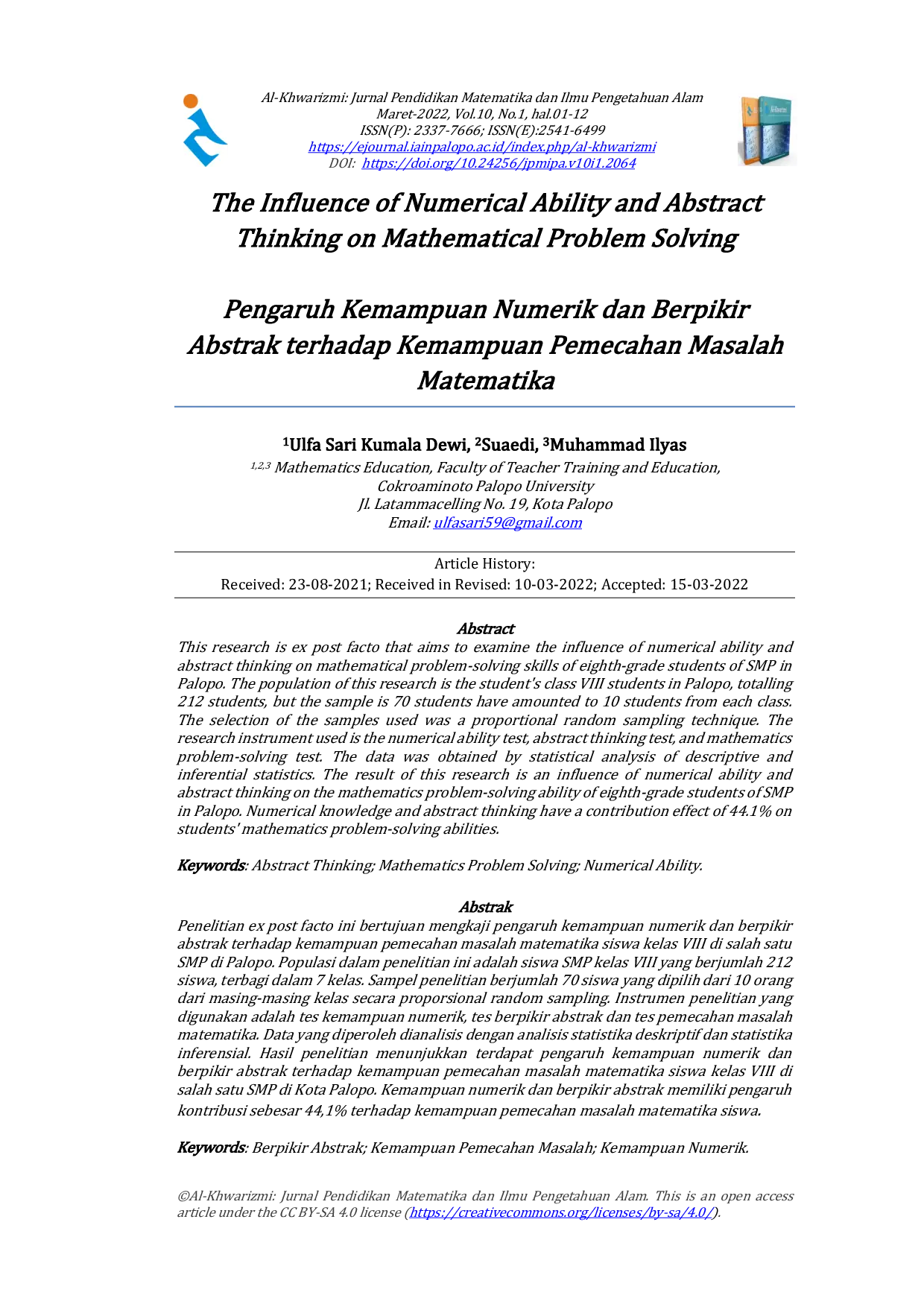 juris The Influence of Numerical Ability and Abstract Thinking on Mathematical Problem Solving