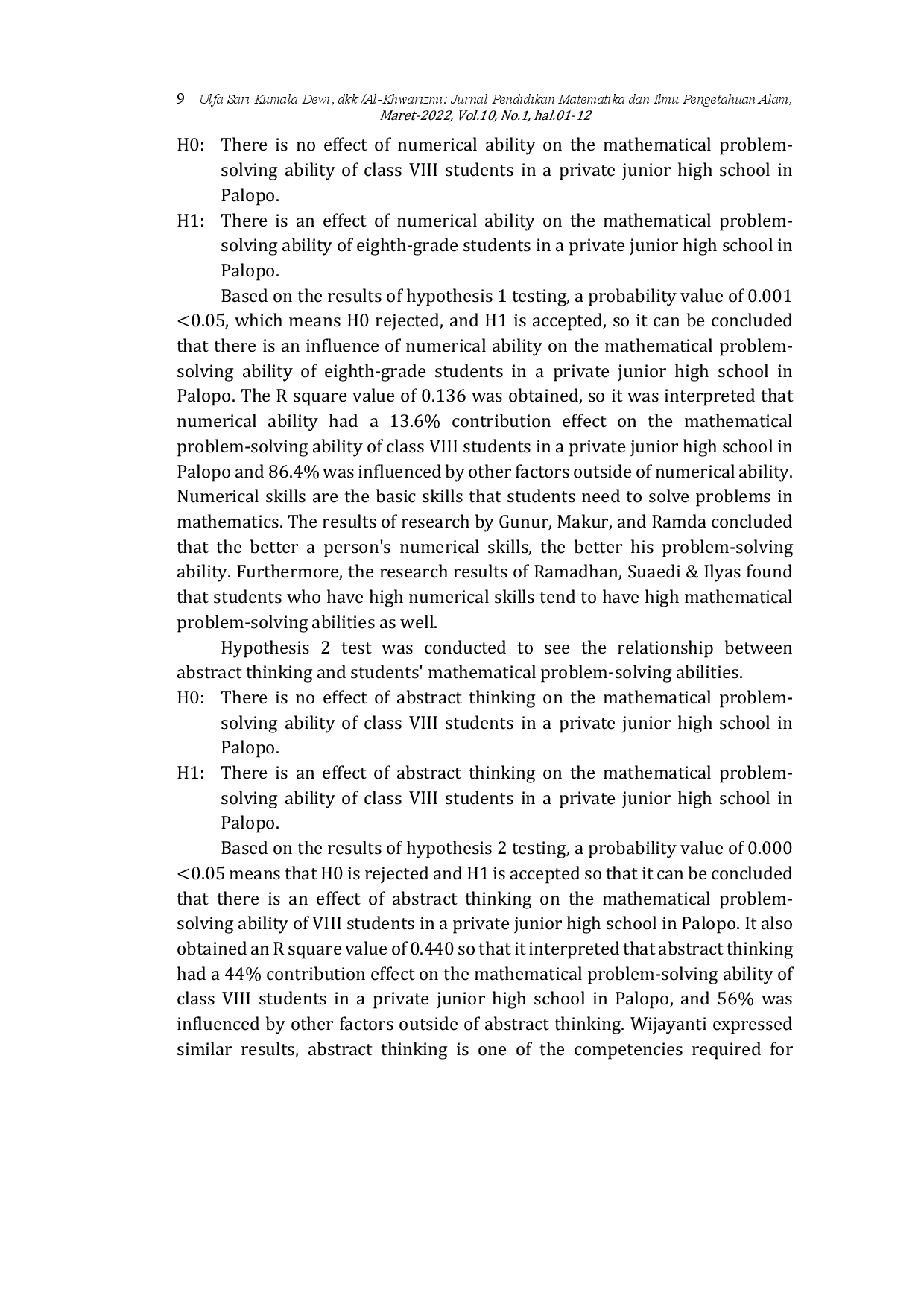 JURIS The Influence of Numerical Ability and Abstract Thinking on Mathematical Problem Solving