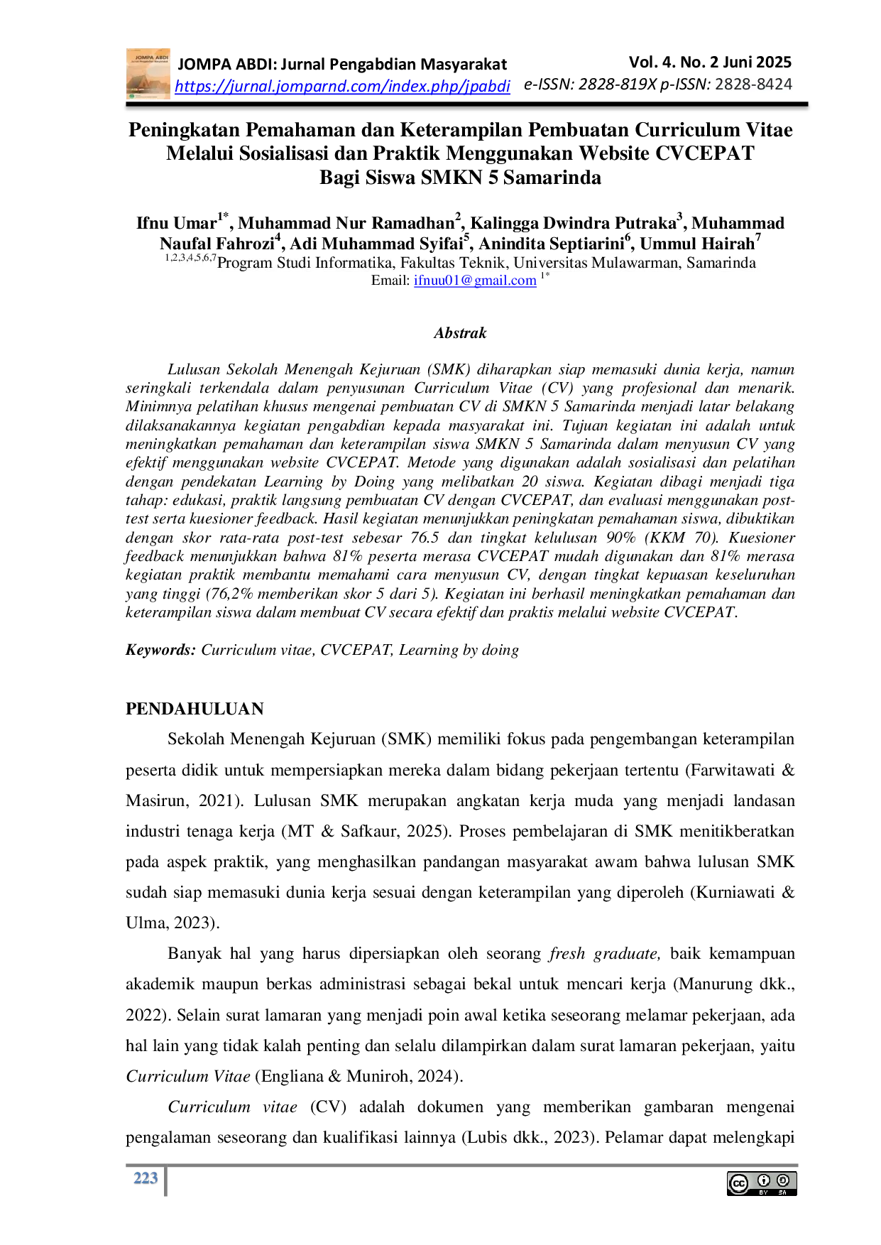 JURIS Peningkatan Pemahaman dan Keterampilan Pembuatan Curriculum Vitae Melalui Sosialisasi dan Praktik Menggunakan Website CVCEPAT Bagi Siswa SMKN 5 Samarinda
