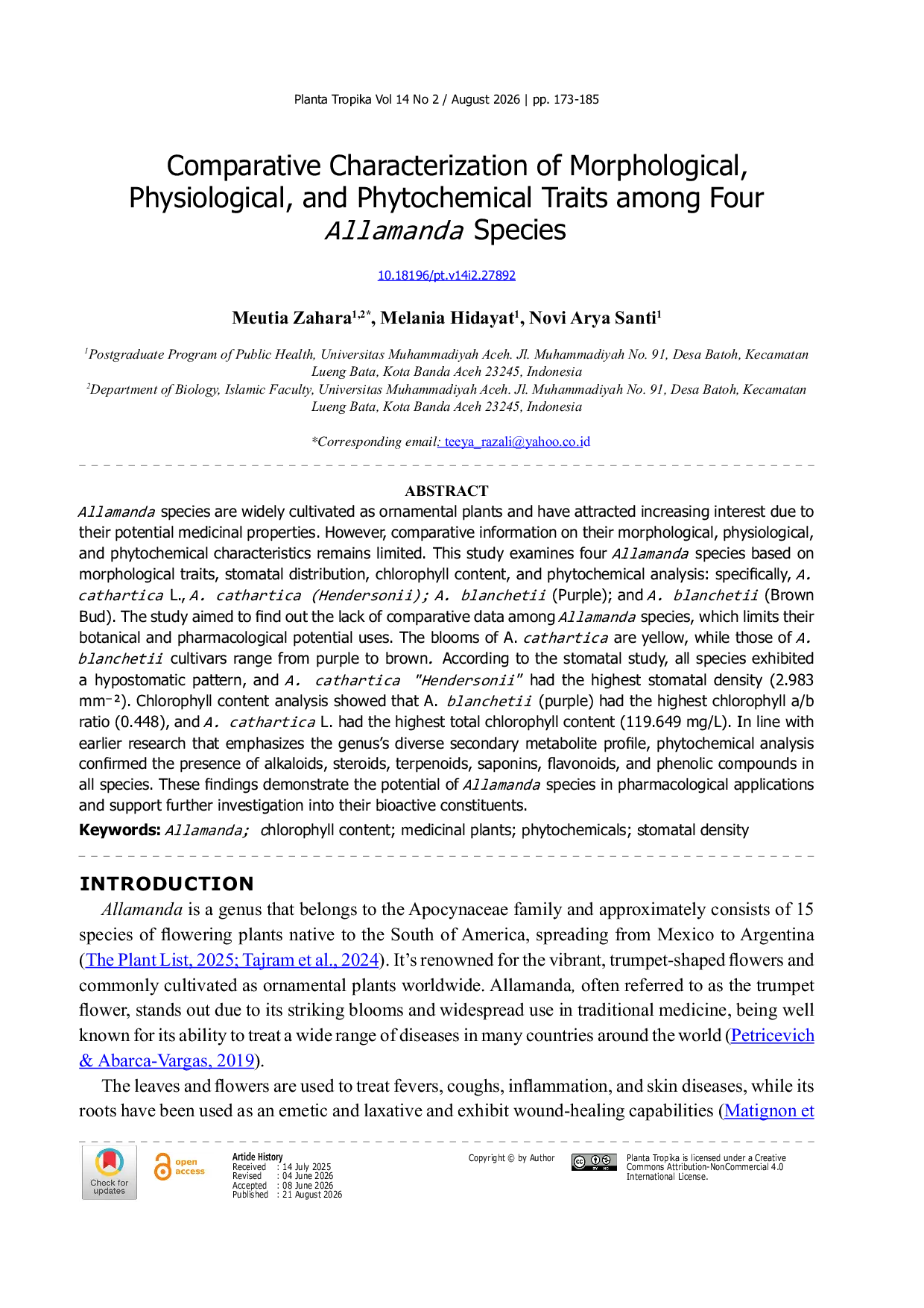 JURIS Comparative Characterization of Morphological Physiological and Phytochemical Traits among Four Allamanda Species