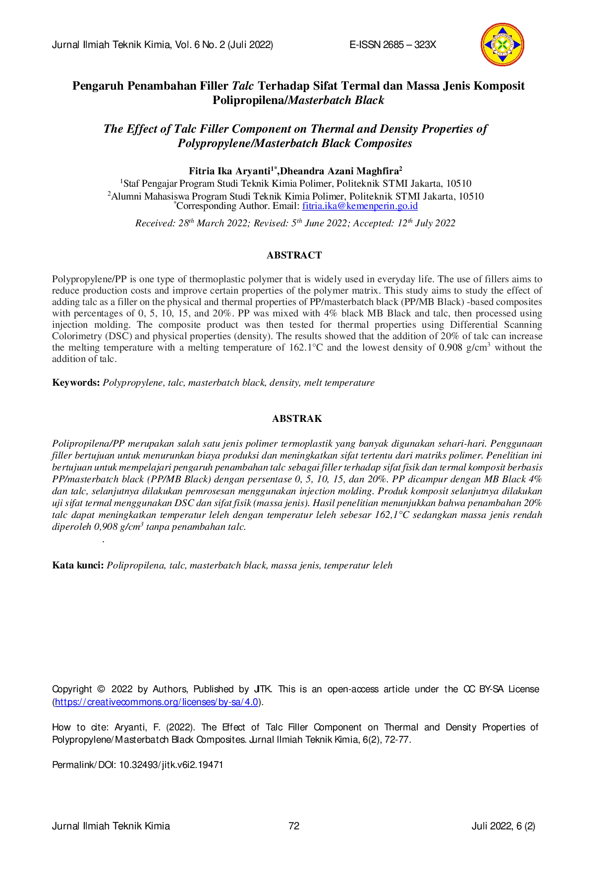 JURIS Pengaruh Penambahan Filler Talc Terhadap Sifat Termal dan Massa Jenis Komposit Polipropilena Masterbatch Black