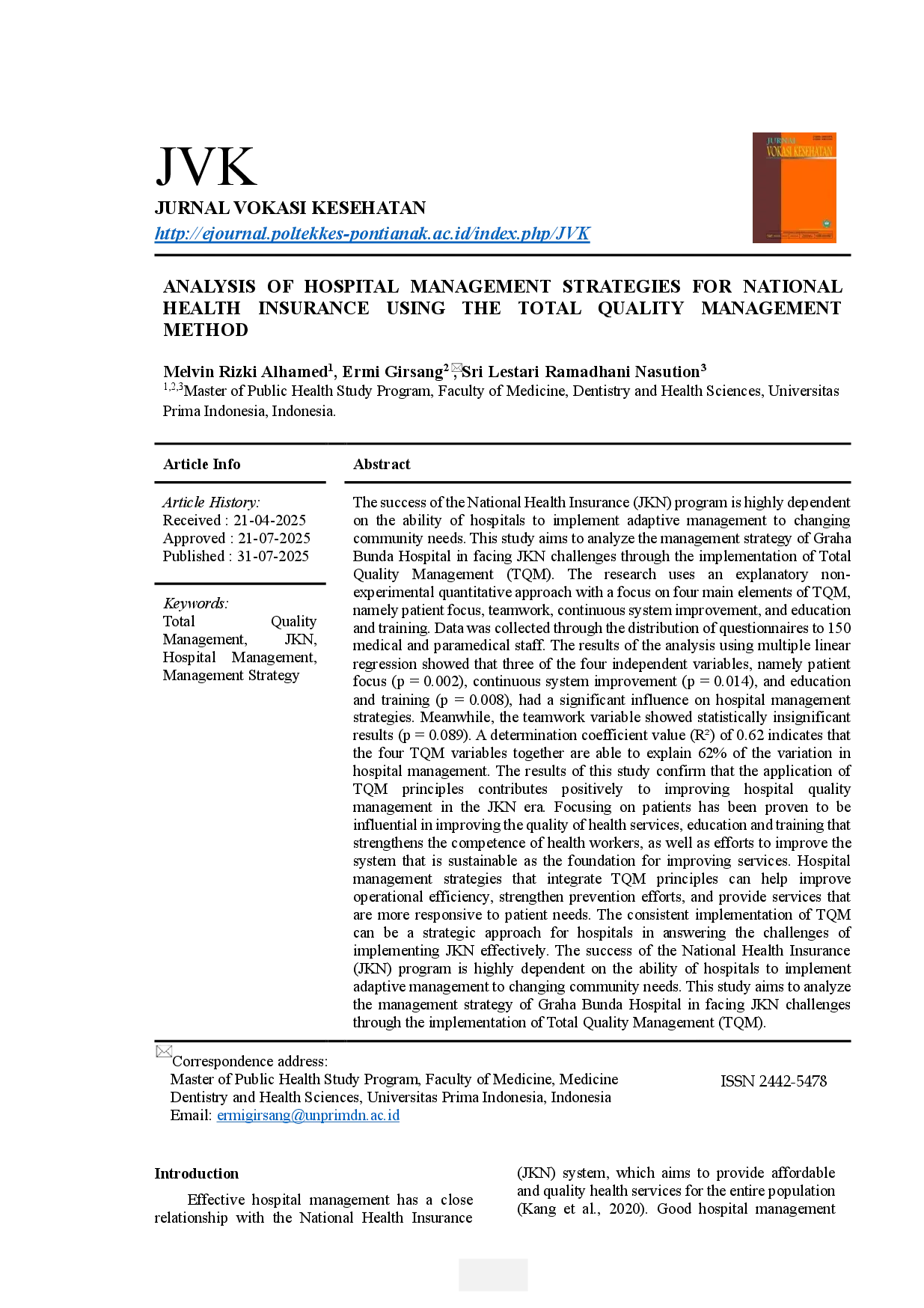 juris Analysis Of Hospital Management Strategies For National Health Insurance Using The Total Quality Management Method