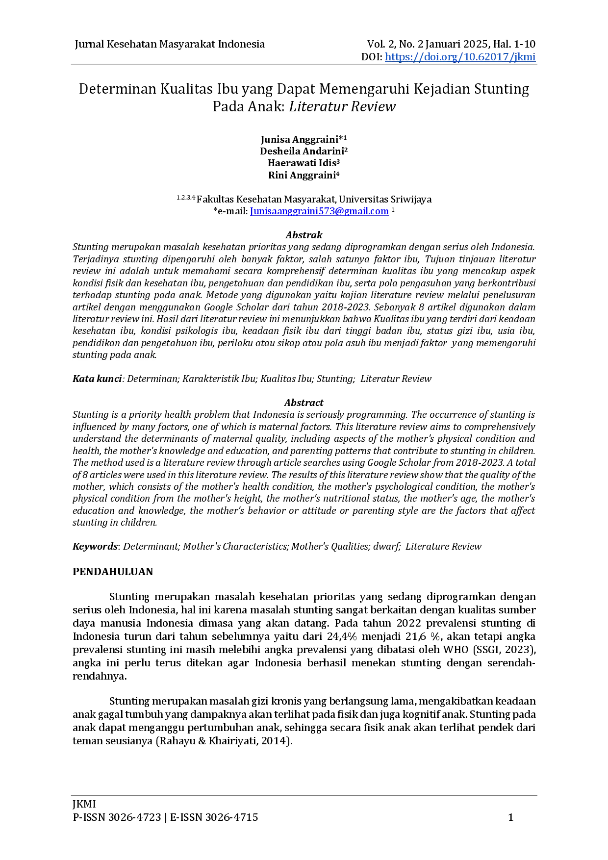 juris Determinan Kualitas Ibu yang Dapat Memengaruhi Kejadian Stunting Pada Anak Literatur Review