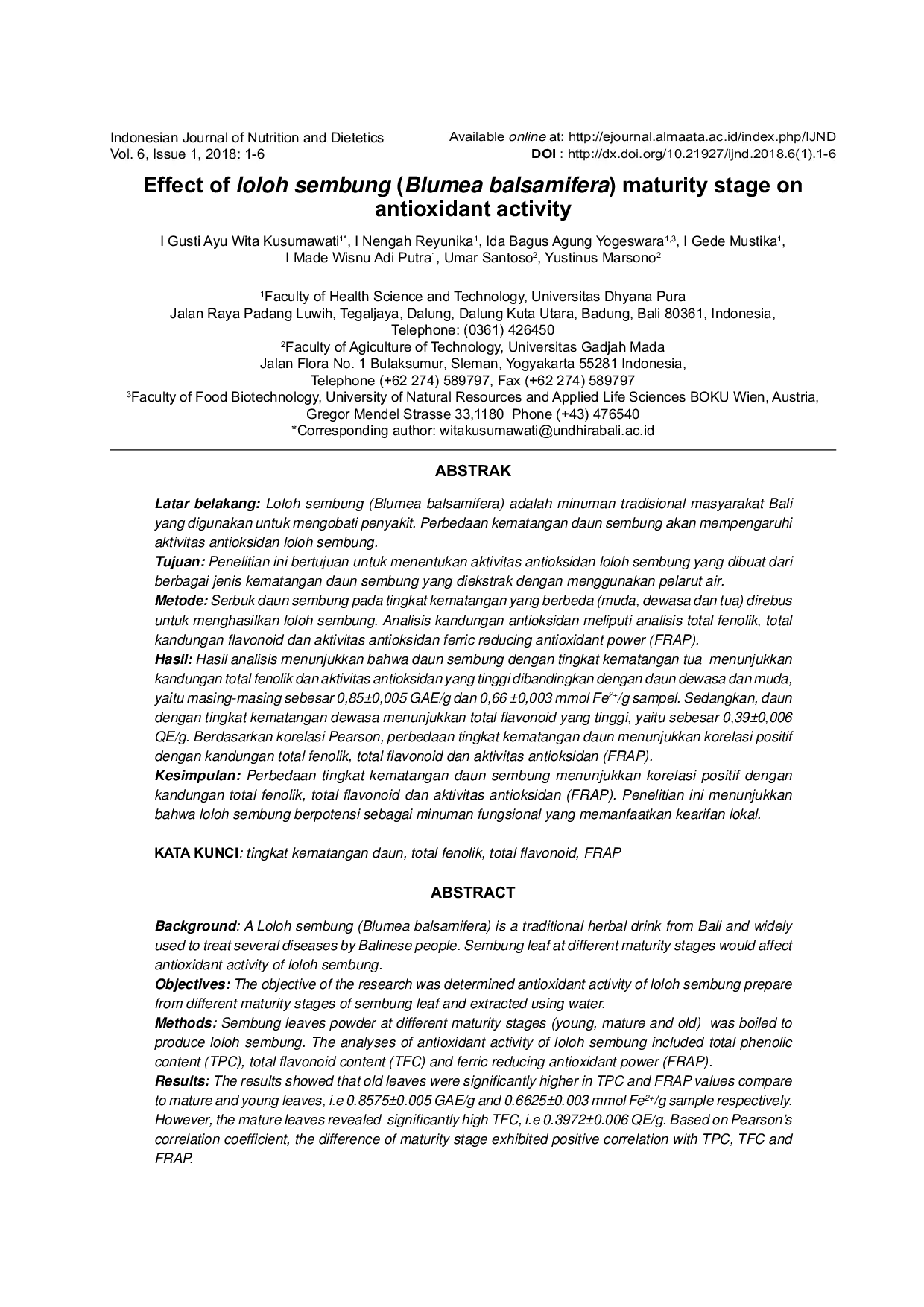 JURIS Effect of Loloh Sembung Blumea balsamifera Maturity Stage on Antioxidant Activity