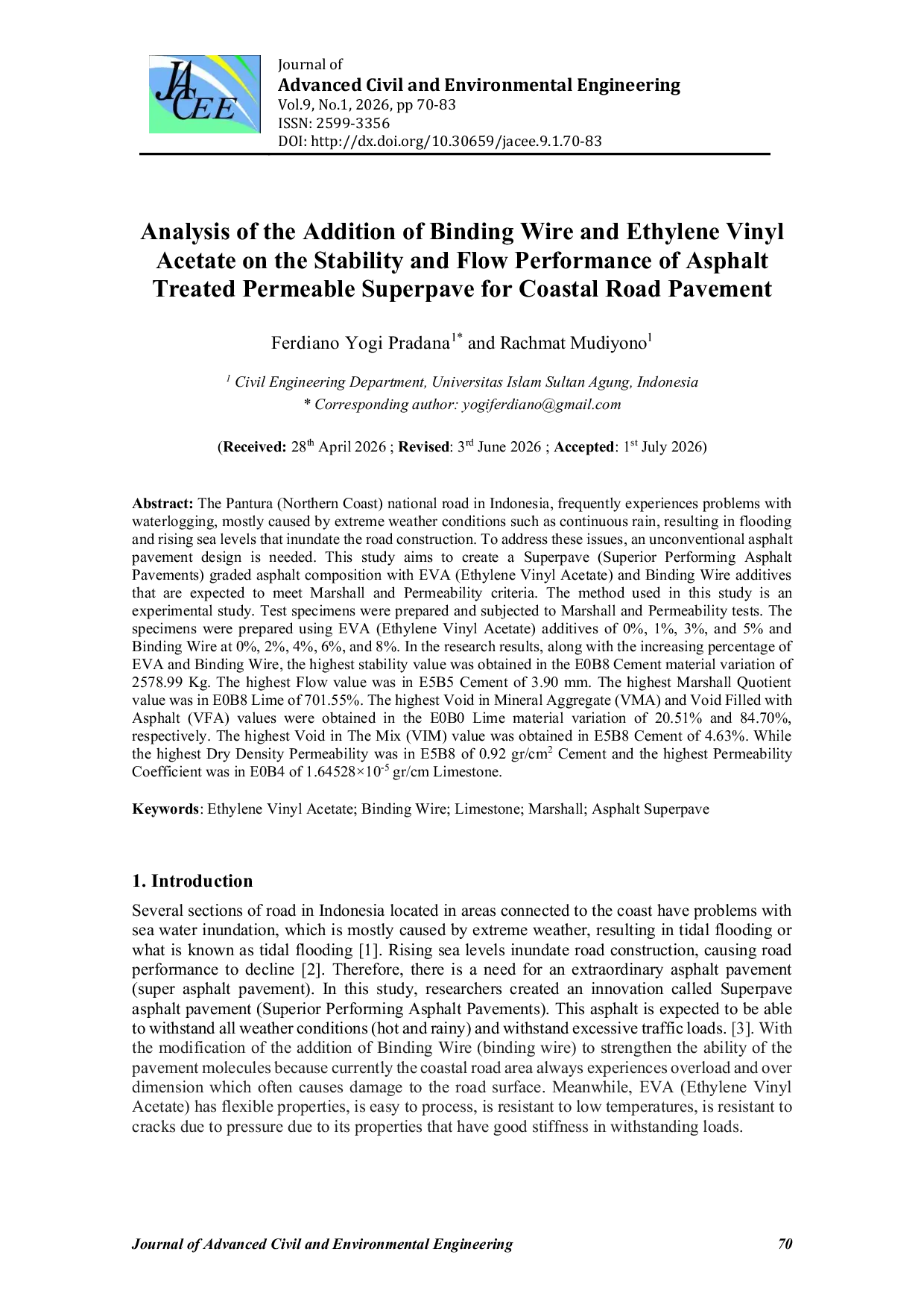 JURIS Analysis of the Addition of Binding Wire and Ethylene Vinyl Acetate on the Stability and Flow Performance of Asphalt Treated Permeable Superpave for Coastal Road Pavement