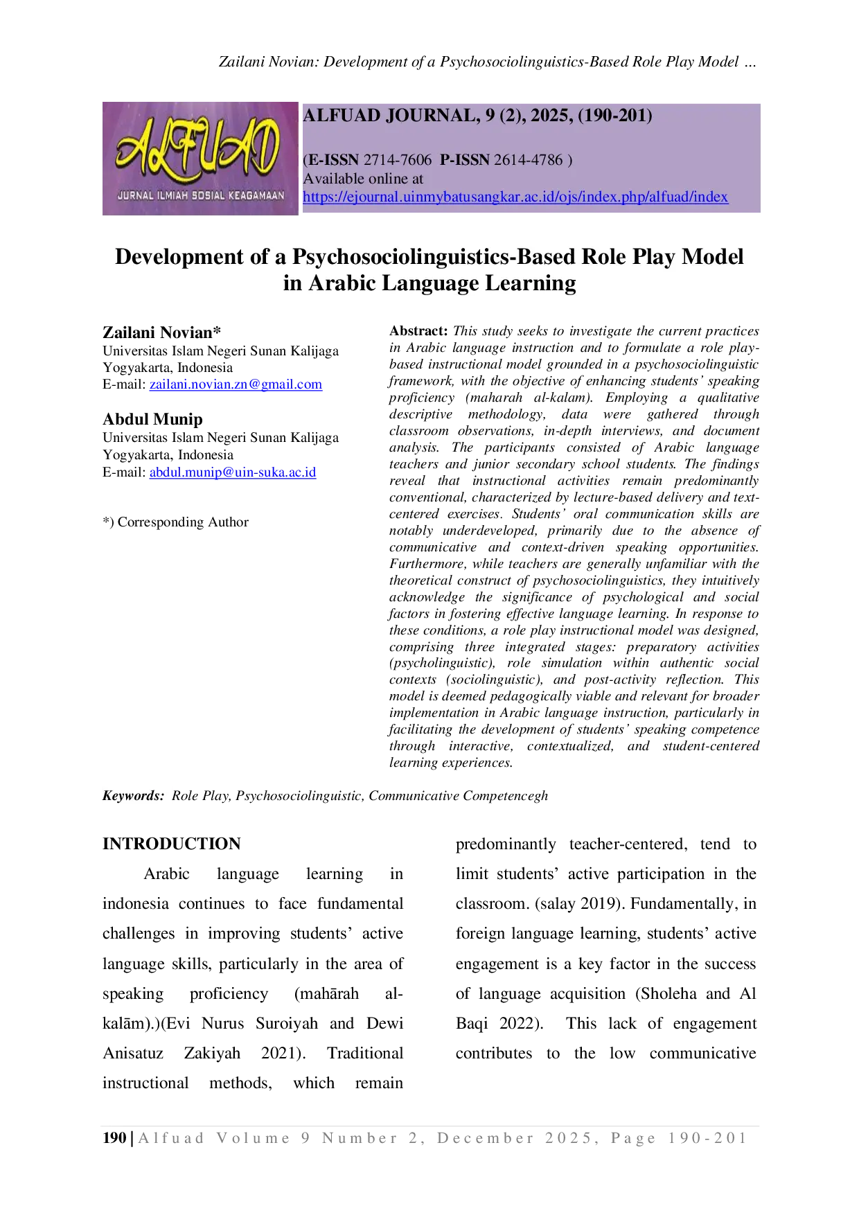 JURIS Development of a Psychosociolinguistics Based Role Play Model in Arabic Language Learning