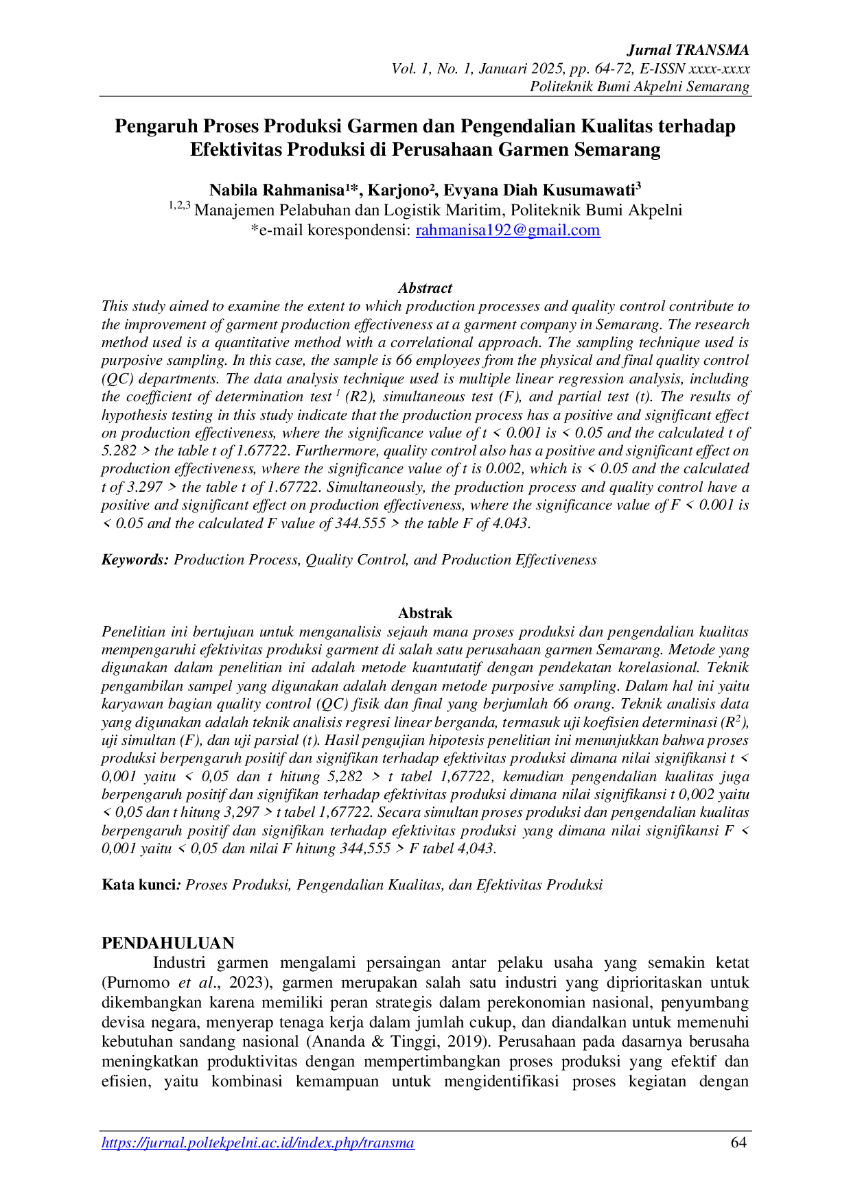 JURIS Pengaruh Proses Produksi Garmen dan Pengendalian Kualitas terhadap Efektivitas Produksi di Perusahaan Garmen Semarang