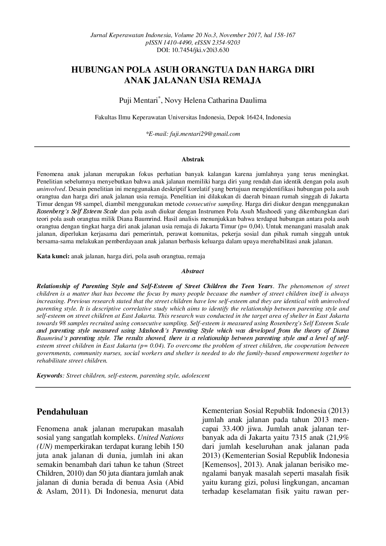 juris Hubungan Pola Asuh Orangtua dan Harga Diri Anak Jalanan Usia Remaja