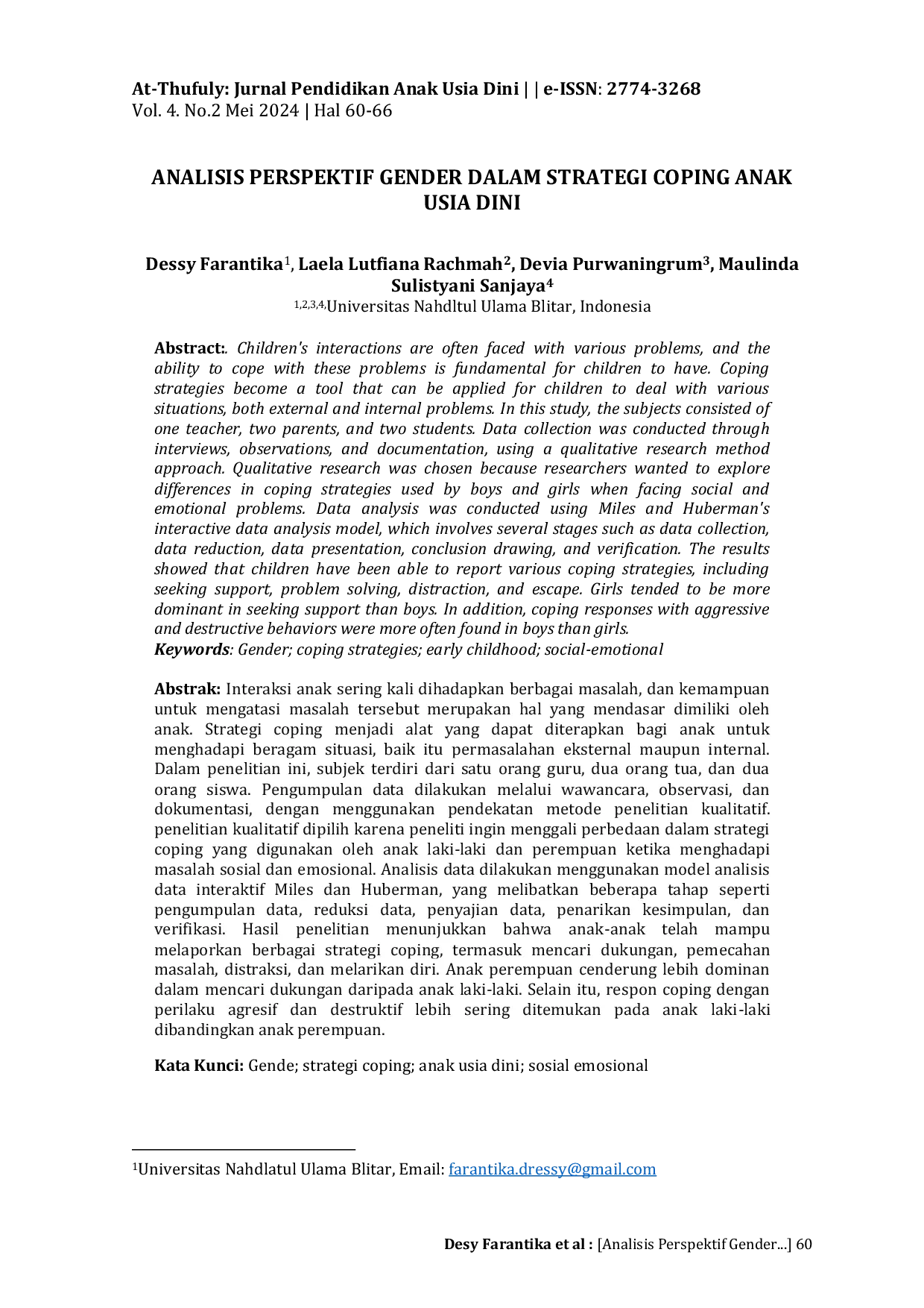 JURIS Analisis Perspektif Gender dalam Strategi Coping Anak Usia Dini