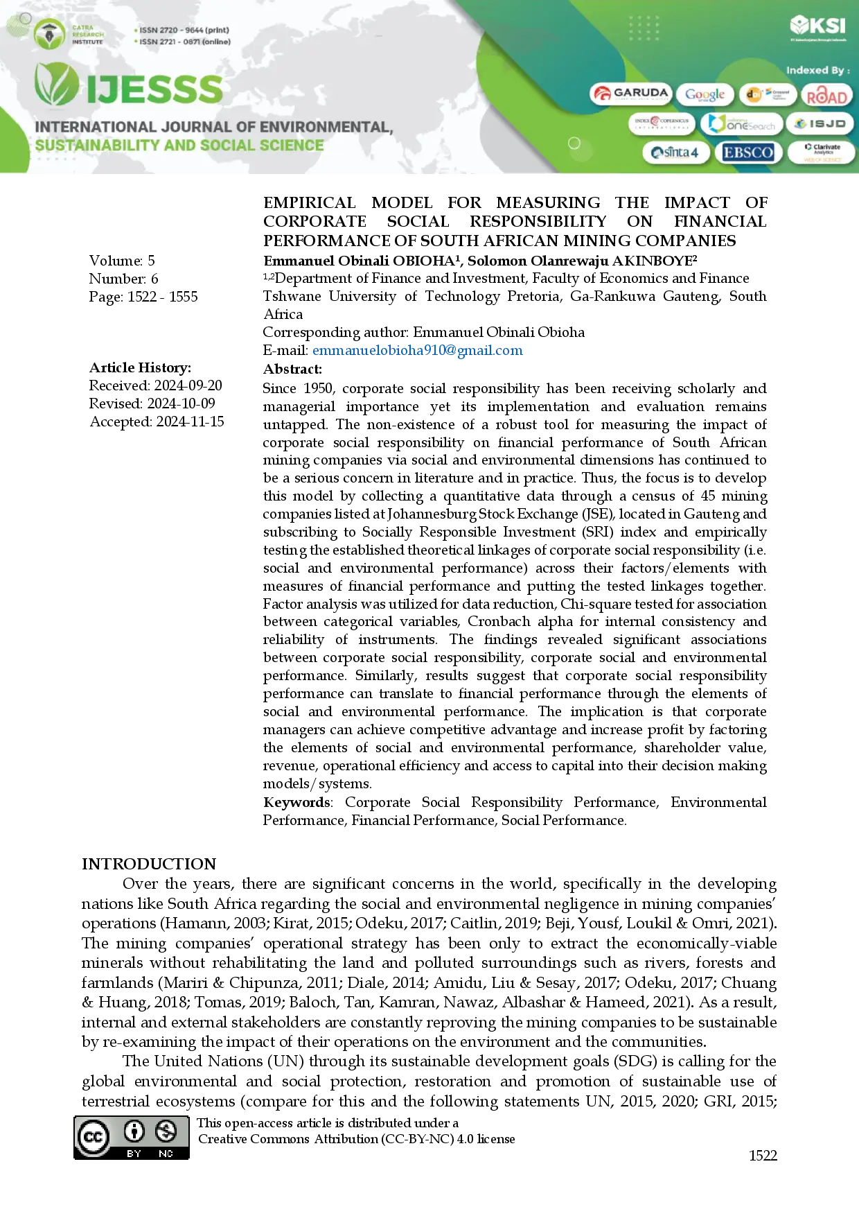juris Dr Empirical Model For Measuring The Impact of Corporate Social Responsibility on Financial Performance of South African Mining Companies