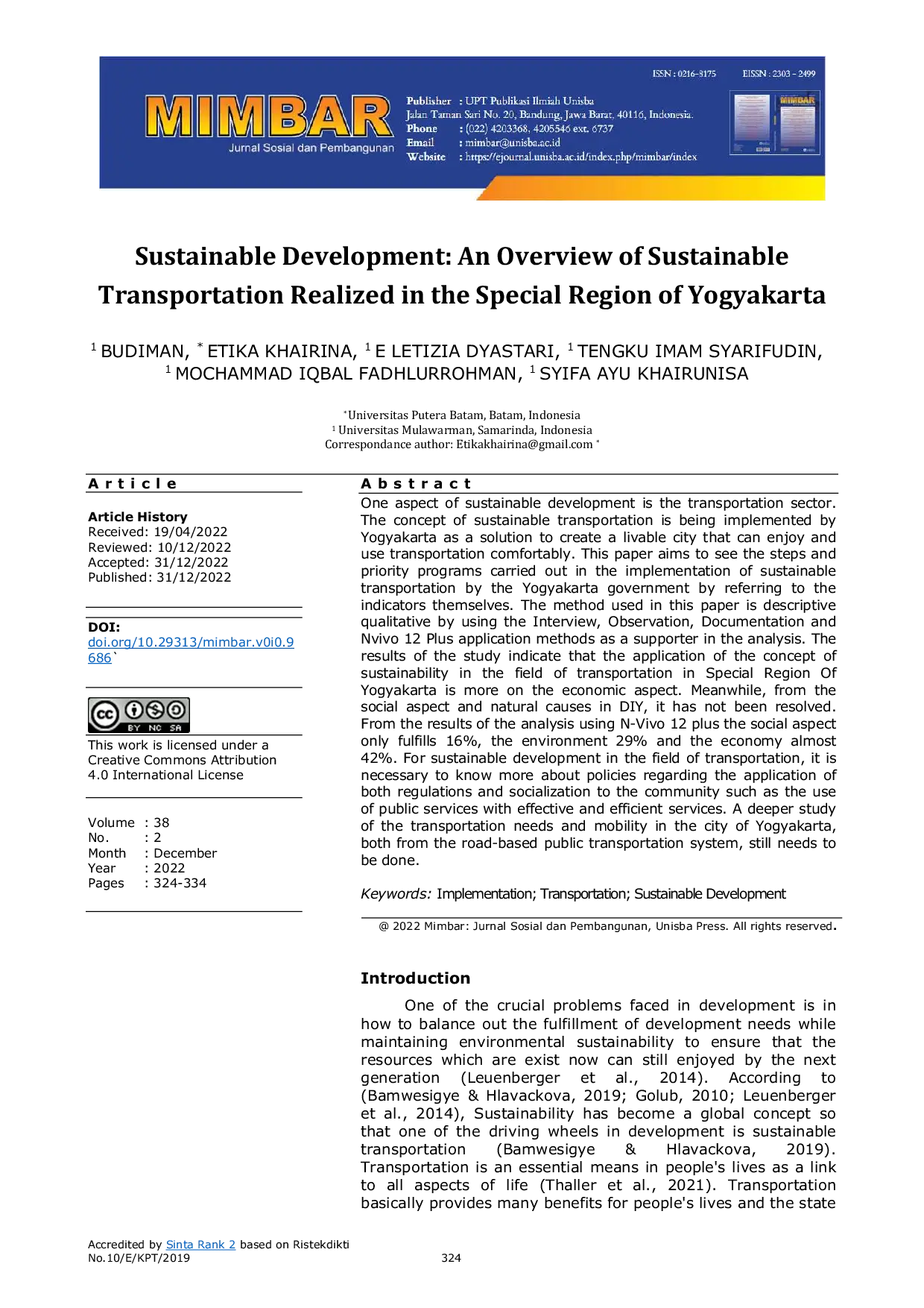 JURIS Sustainable Development An Overview of Sustainable Transportation Realized in the Special Region of Yogyakarta