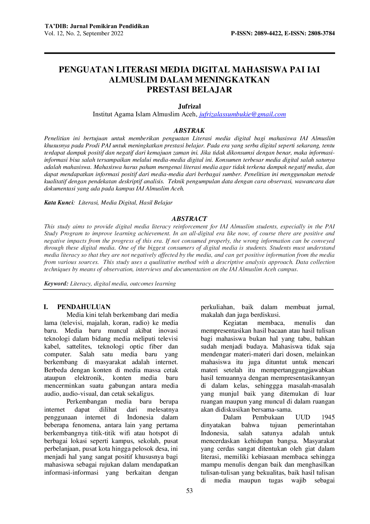 JURIS Penguatan Literasi Media Digital Mahasiswa PAI IAI Almuslim Dalam Meningkatkan Prestasi Belajar