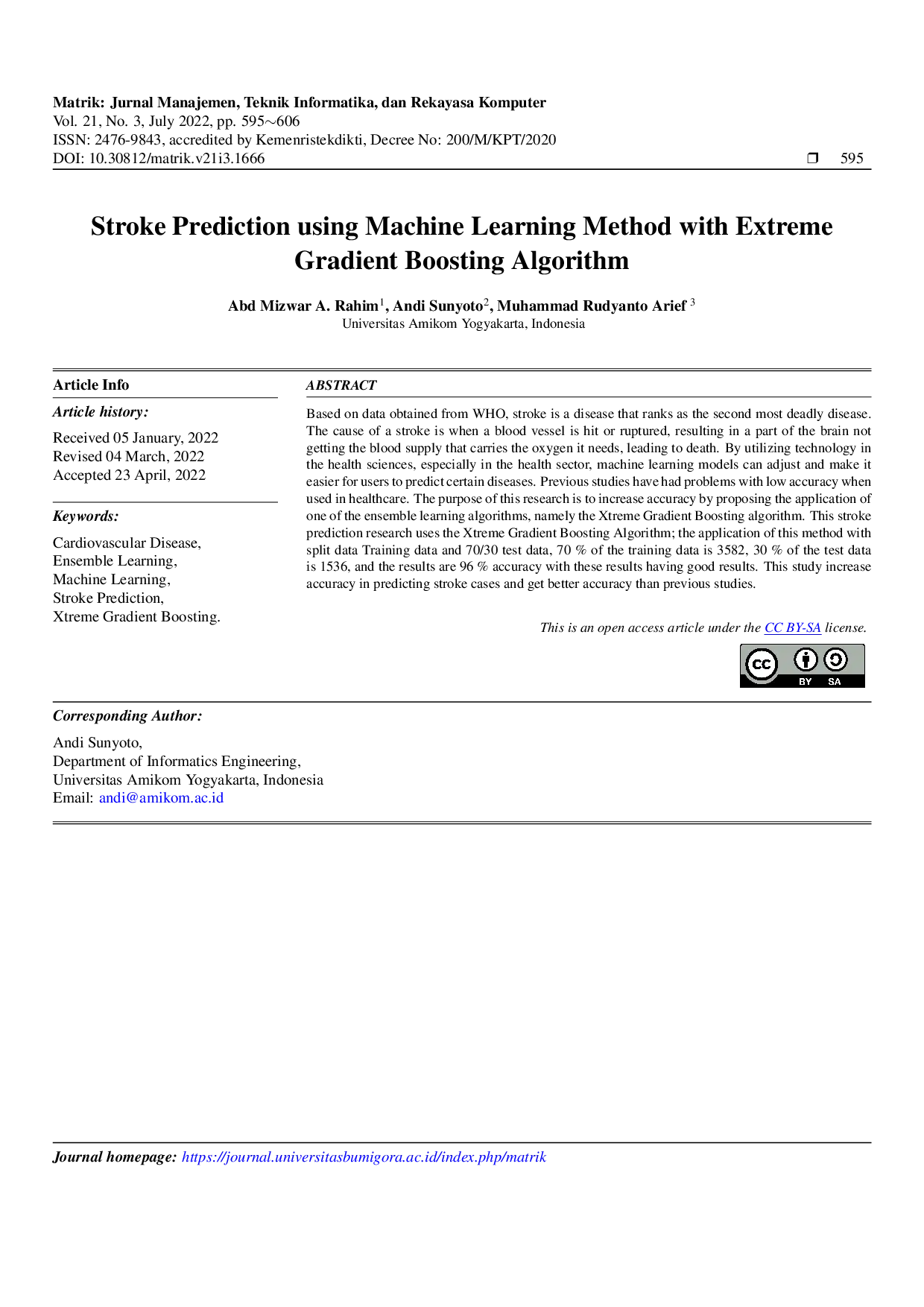 JURIS Stroke Prediction Using Machine Learning Method with Extreme Gradient Boosting Algorithm