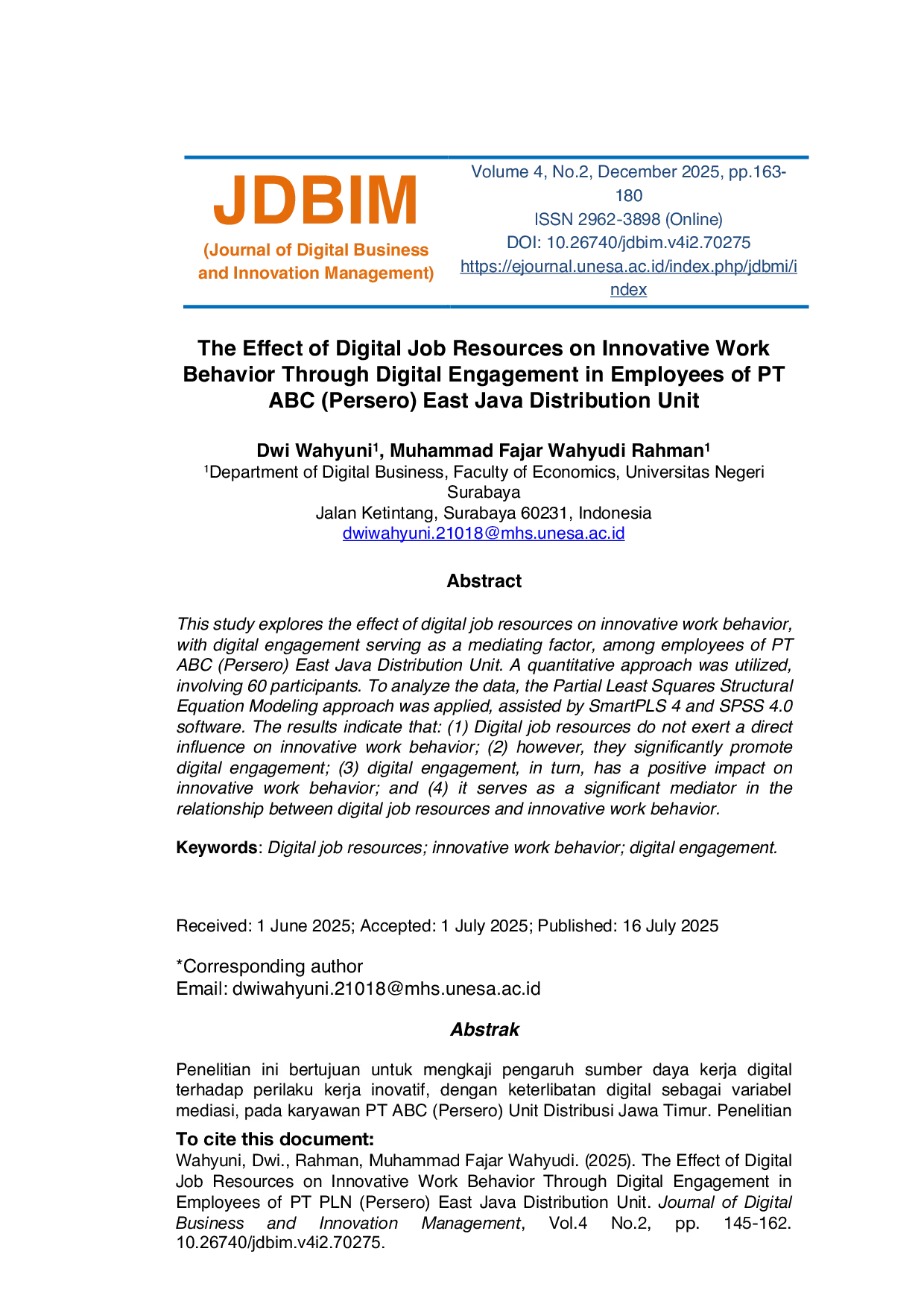 JURIS The Effect of Digital Job Resources on Innovative Work Behavior Through Digital Engagement in Employees of PT ABC Persero East Java Distribution Unit