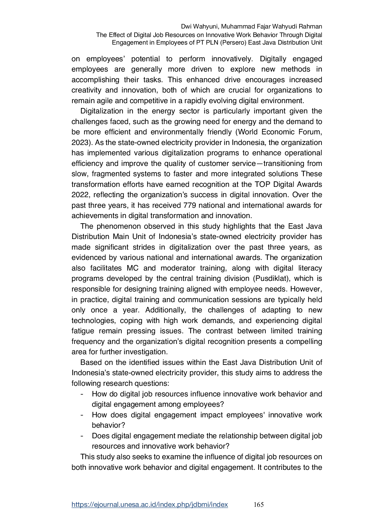 JURIS The Effect of Digital Job Resources on Innovative Work Behavior Through Digital Engagement in Employees of PT ABC Persero East Java Distribution Unit