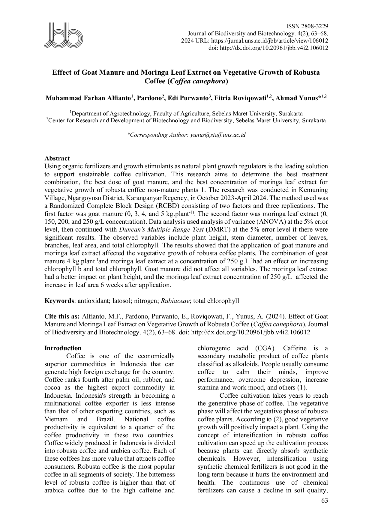 JURIS Effect of Goat Manure and Moringa Leaf Extract on Vegetative Growth of Robusta Coffee Coffea canephora