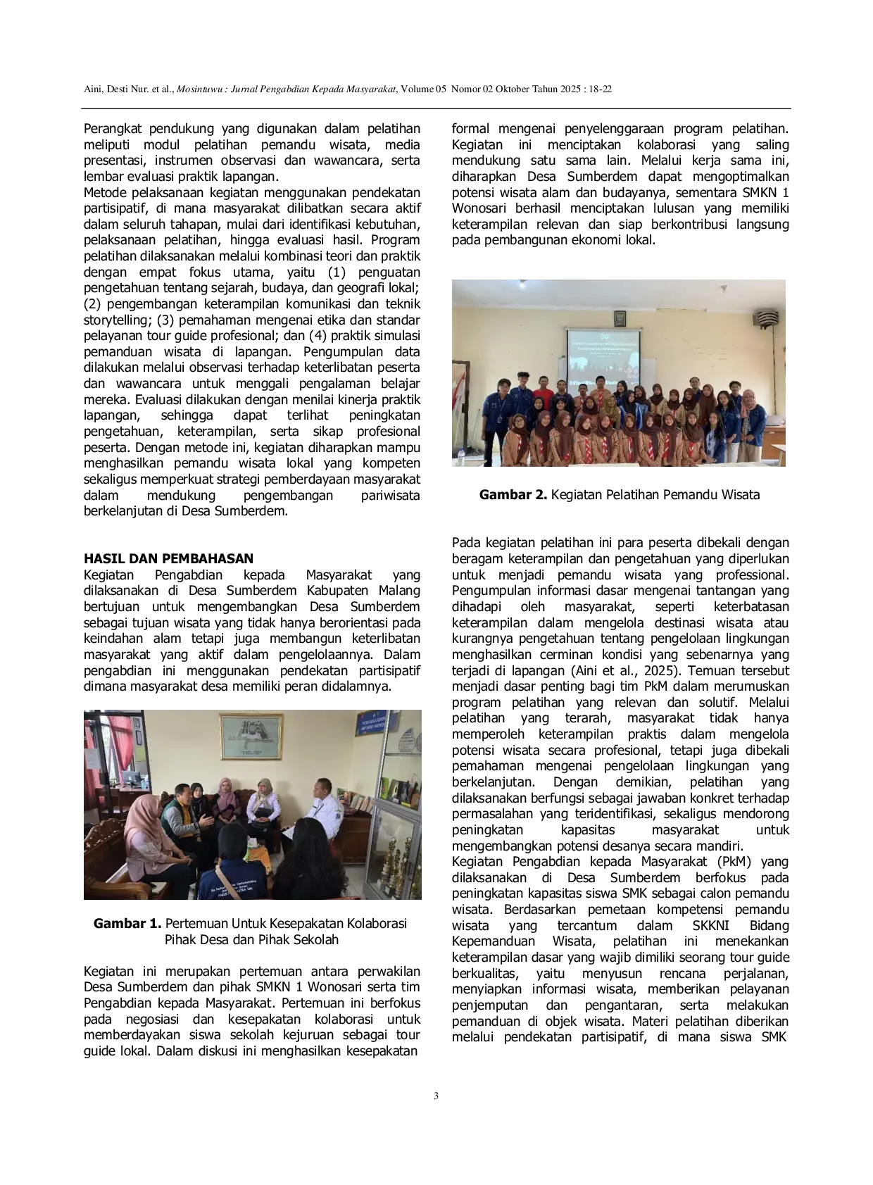 JURIS Strategi Pemberdayaan Masyarakat melalui Penguatan Kapasitas Pemandu Wisata untuk Mendukung Pariwisata Berkelanjutan di Desa Sumberdem Kabupaten Malang