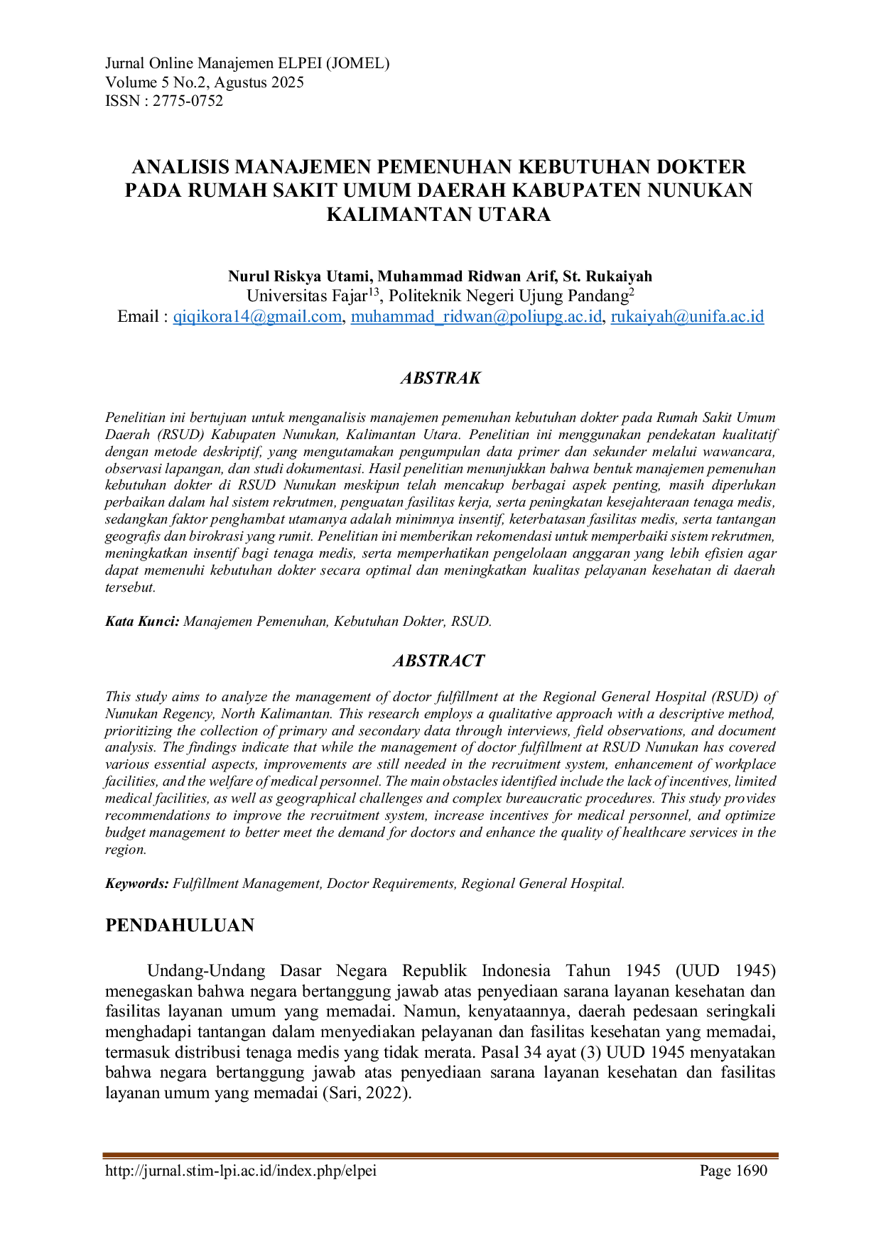 JURIS Analisis Manajemen Pemenuhan Kebutuhan Dokter Pada Rumah Sakit Umum Daerah Kabupaten Nunukan Kalimantan Utara