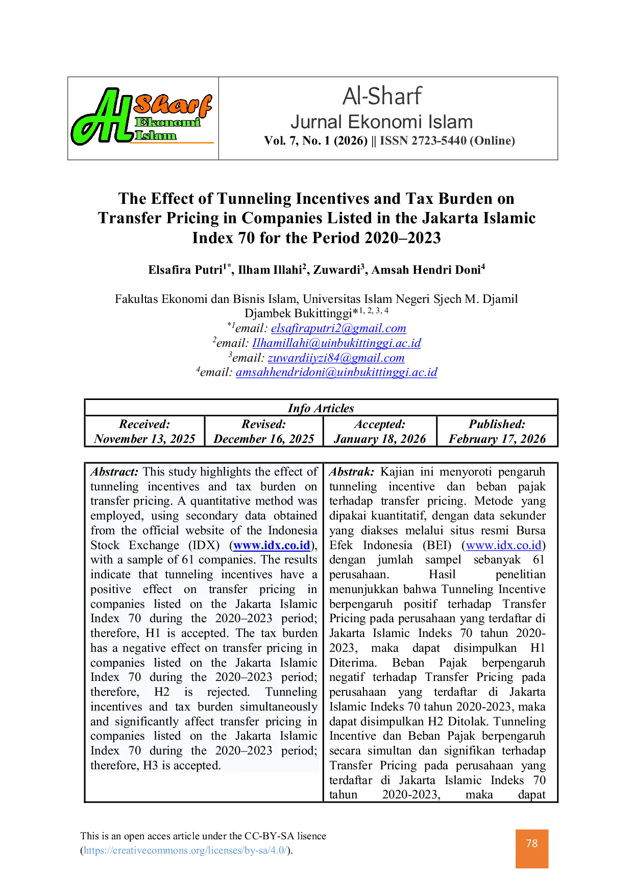JURIS The Effect of Tunneling Incentives and Tax Burden on Transfer Pricing in Companies Listed in the Jakarta Islamic Index 70 for the Period 2020 2023