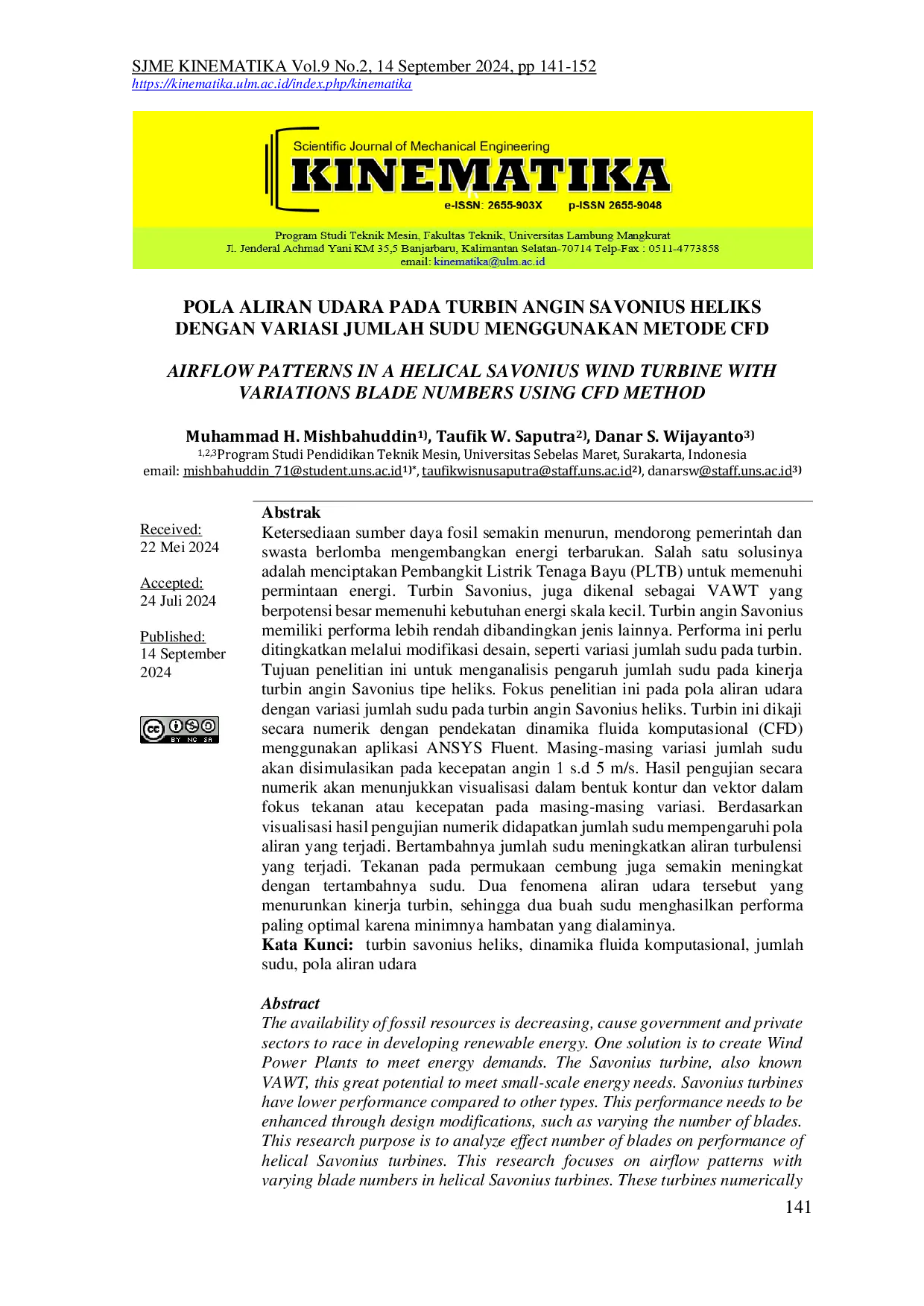 JURIS Pola Aliran Udara Pada Turbin Angin Savonius Heliks Dengan Variasi Jumlah Sudu Menggunakan Metode CFD