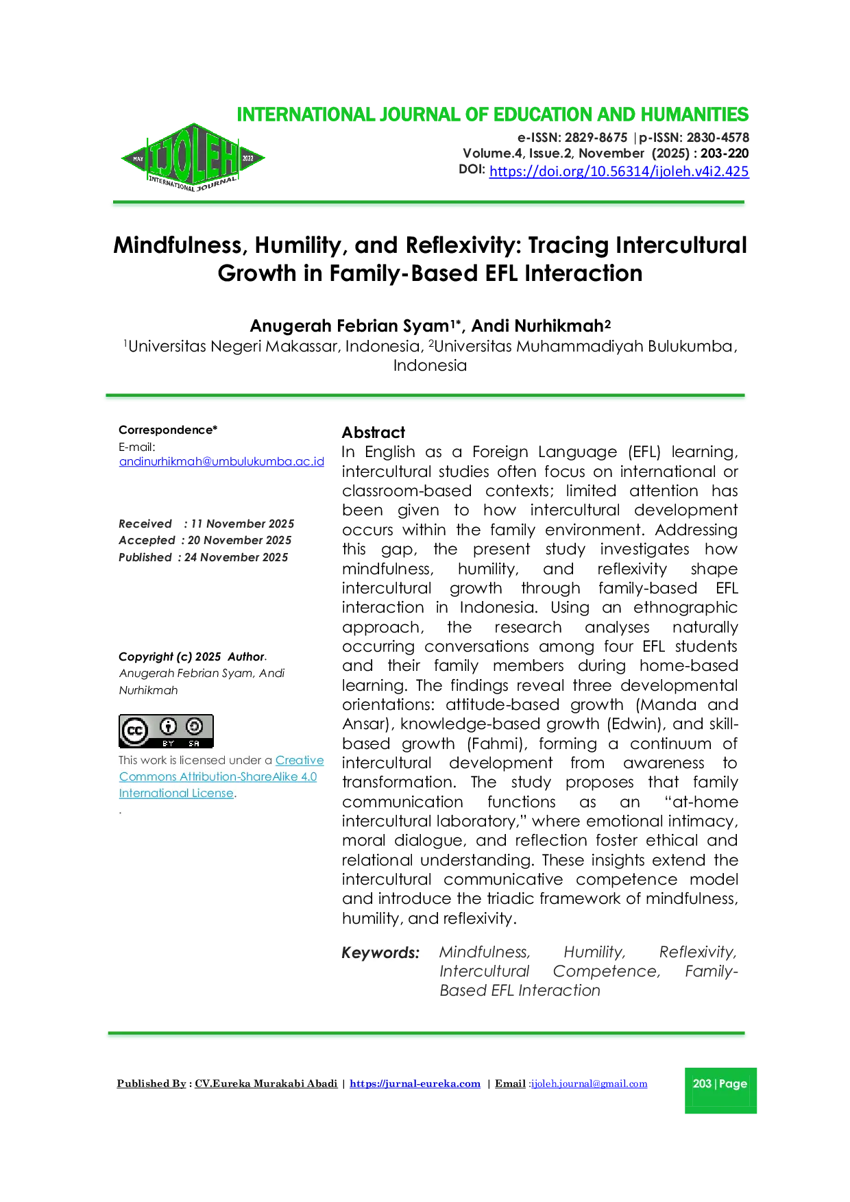 JURIS Mindfulness Humility and Reflexivity Tracing Intercultural Growth in Family Based EFL Interaction