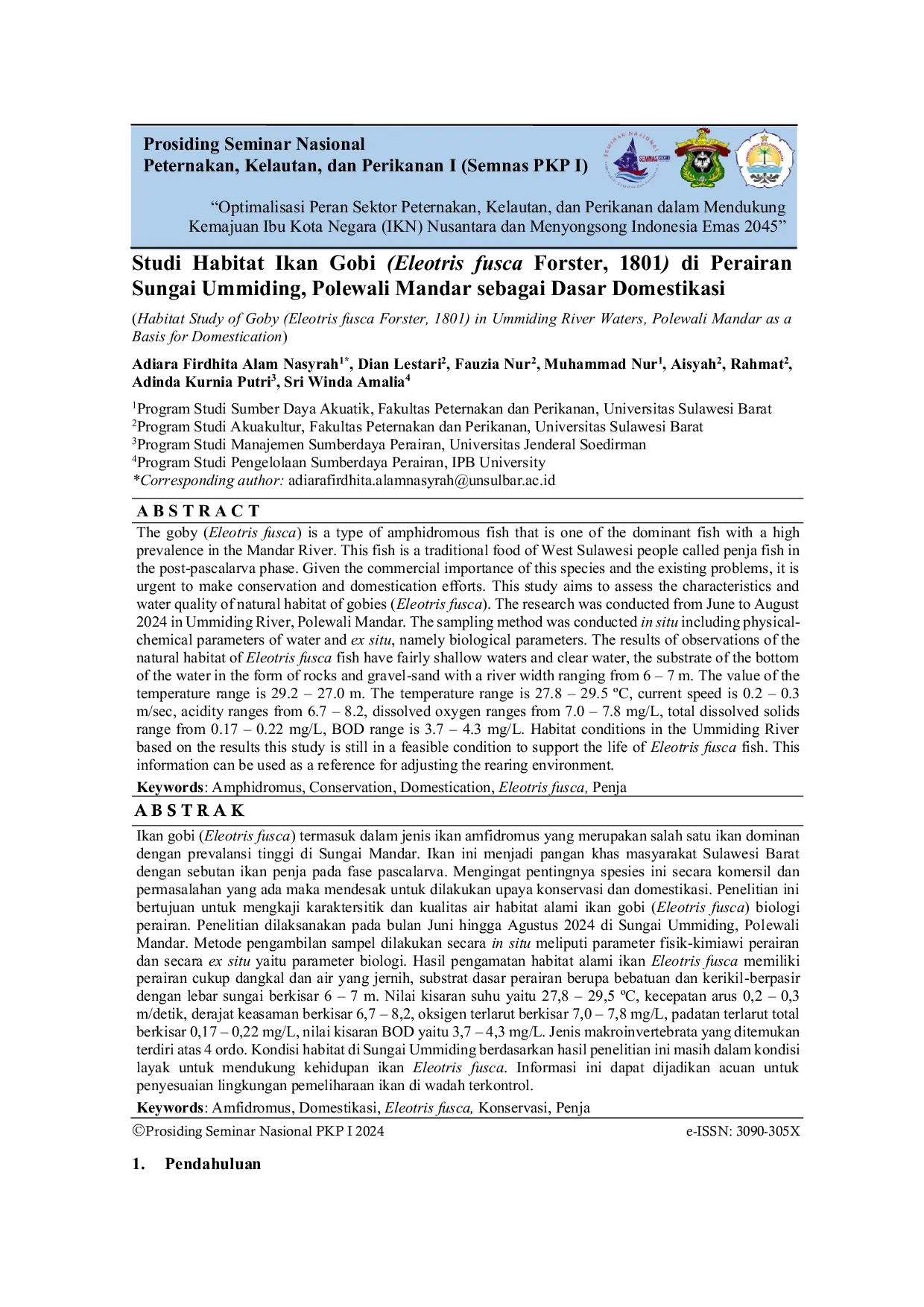 JURIS Studi Habitat Ikan Gobi Eleotris fusca Forster 1801 di Perairan Sungai Ummiding Polewali Mandar sebagai Dasar Domestikasi