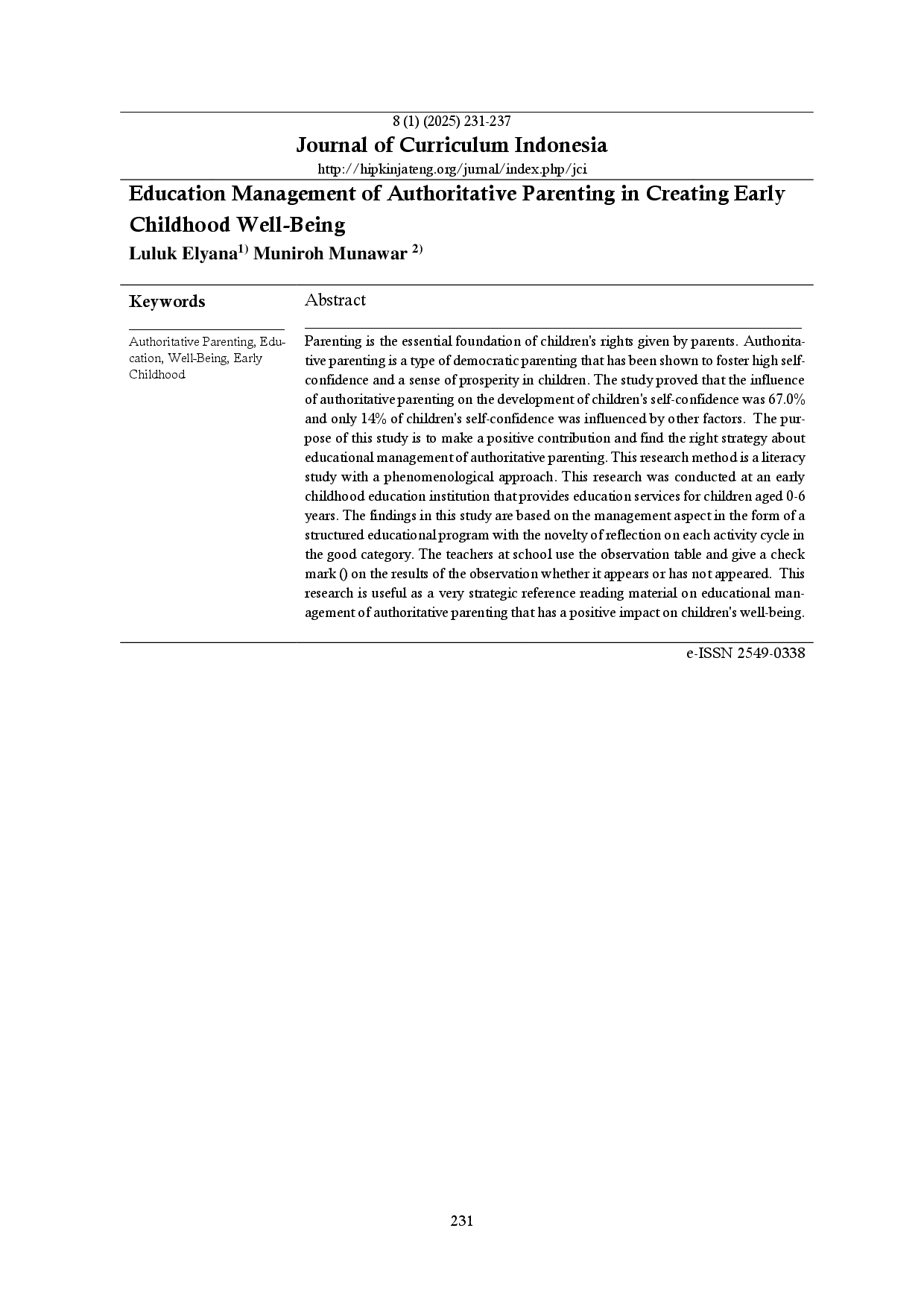 juris Education Management of Authoritative Parenting in Creating Early Childhood Well Being