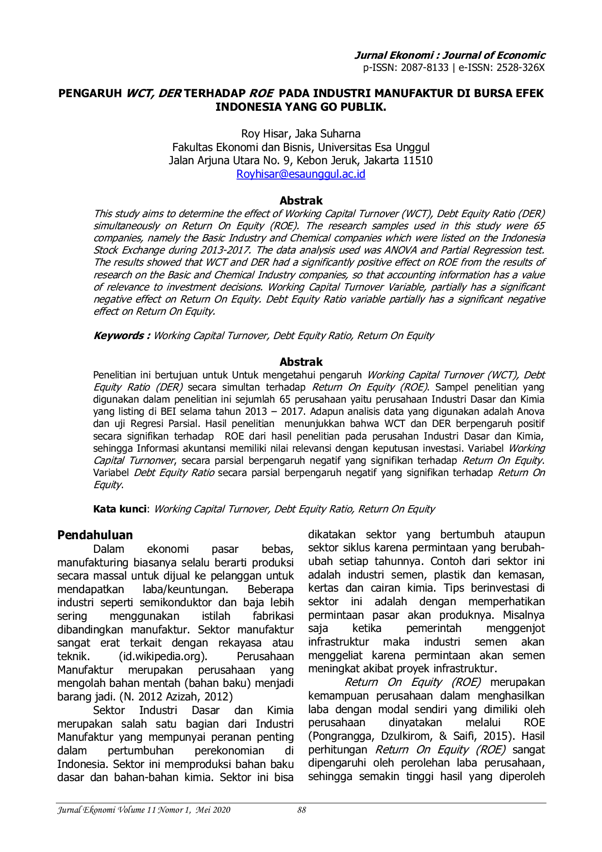 JURIS Pengaruh WCT DER terhadap ROE pada Industri Manufaktur di Bursa Efek Indonesia yang Go Publik