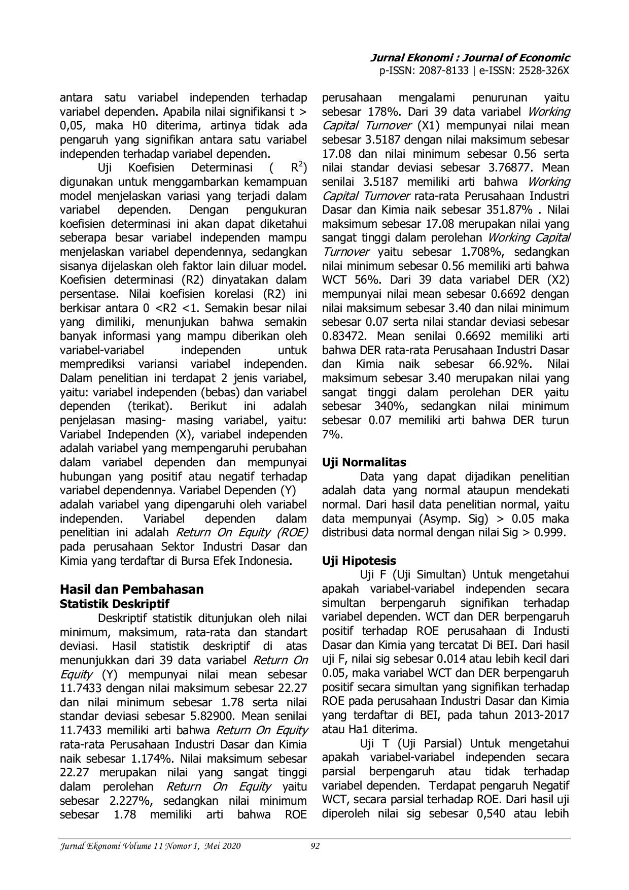 JURIS Pengaruh WCT DER terhadap ROE pada Industri Manufaktur di Bursa Efek Indonesia yang Go Publik