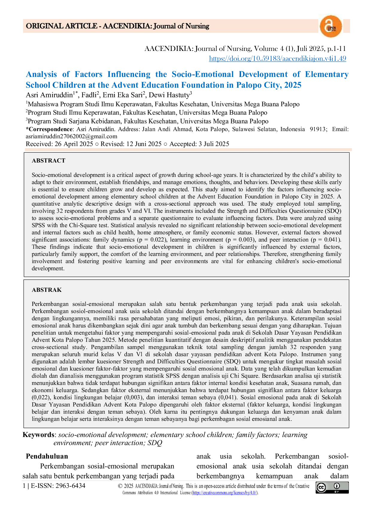 JURIS Analysis of Factors Influencing the Socio Emotional Development of Elementary School Children at the Advent Education Foundation in Palopo City 2025