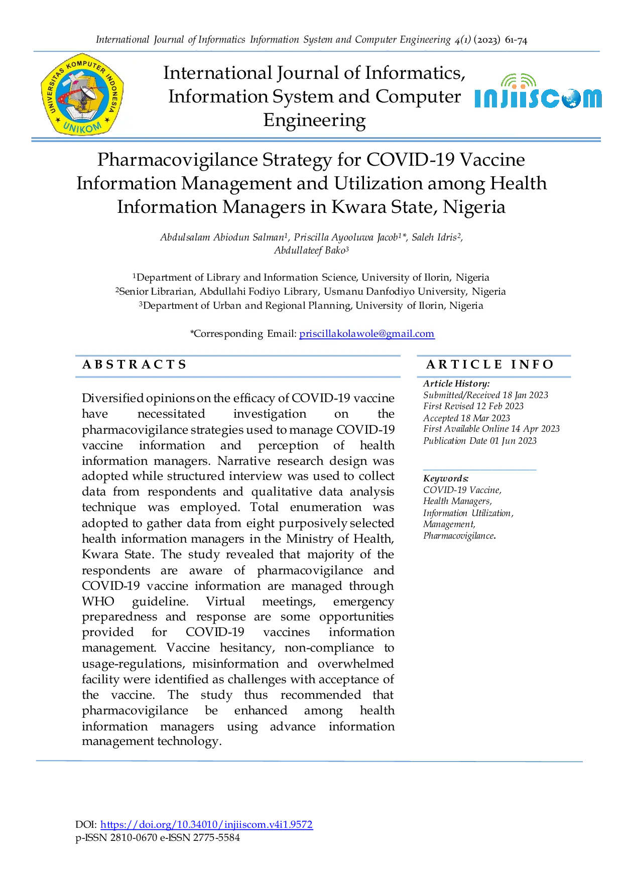 JURIS Pharmacovigilance Strategy for COVID 19 Vaccine Information Management and Utilization among Health Information Managers in Kwara State Nigeria