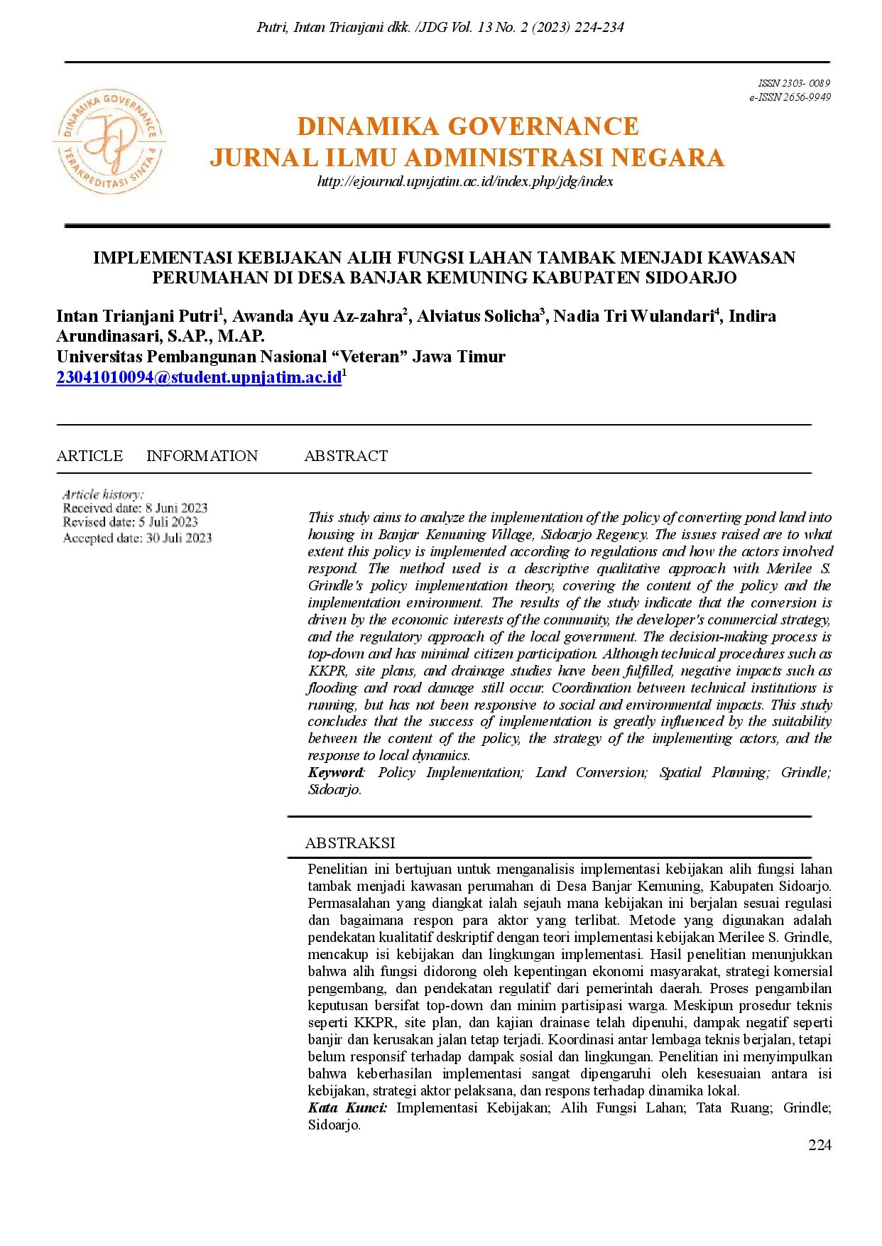 juris IMPLEMENTASI KEBIJAKAN ALIH FUNGSI LAHAN TAMBAK MENJADI KAWASAN PERUMAHAN DI DESA BANJAR KEMUNING KABUPATEN SIDOARJO